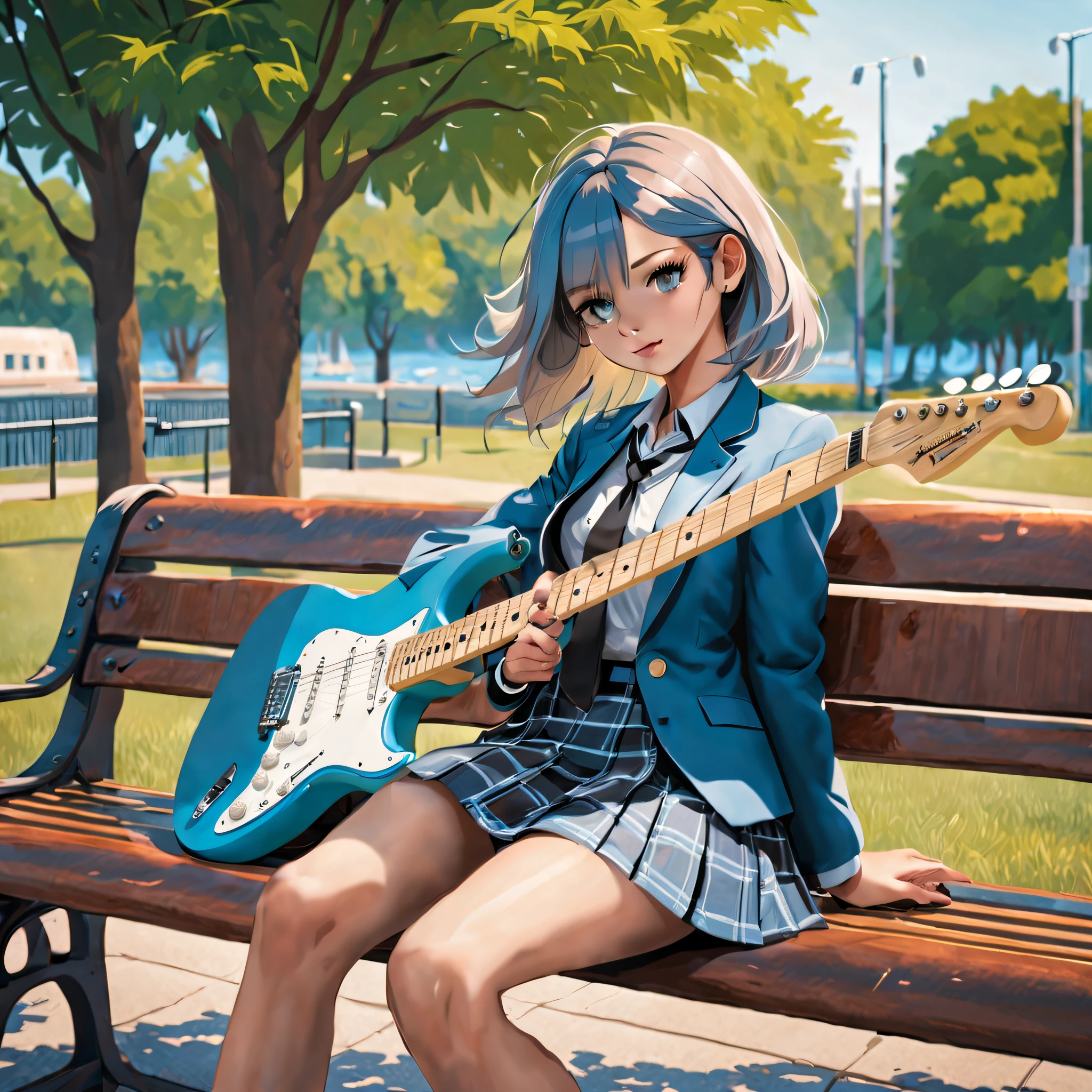 masterpiece, High resolution, cinematic lighting, alone, a high school girl with a short cut playing a Electric guitar (light blue Fender Stratocaster), sitting on a bench in a park overlooking the port, she is charming Beautiful girl, wearing a high school uniform (blazer and checked skirt),