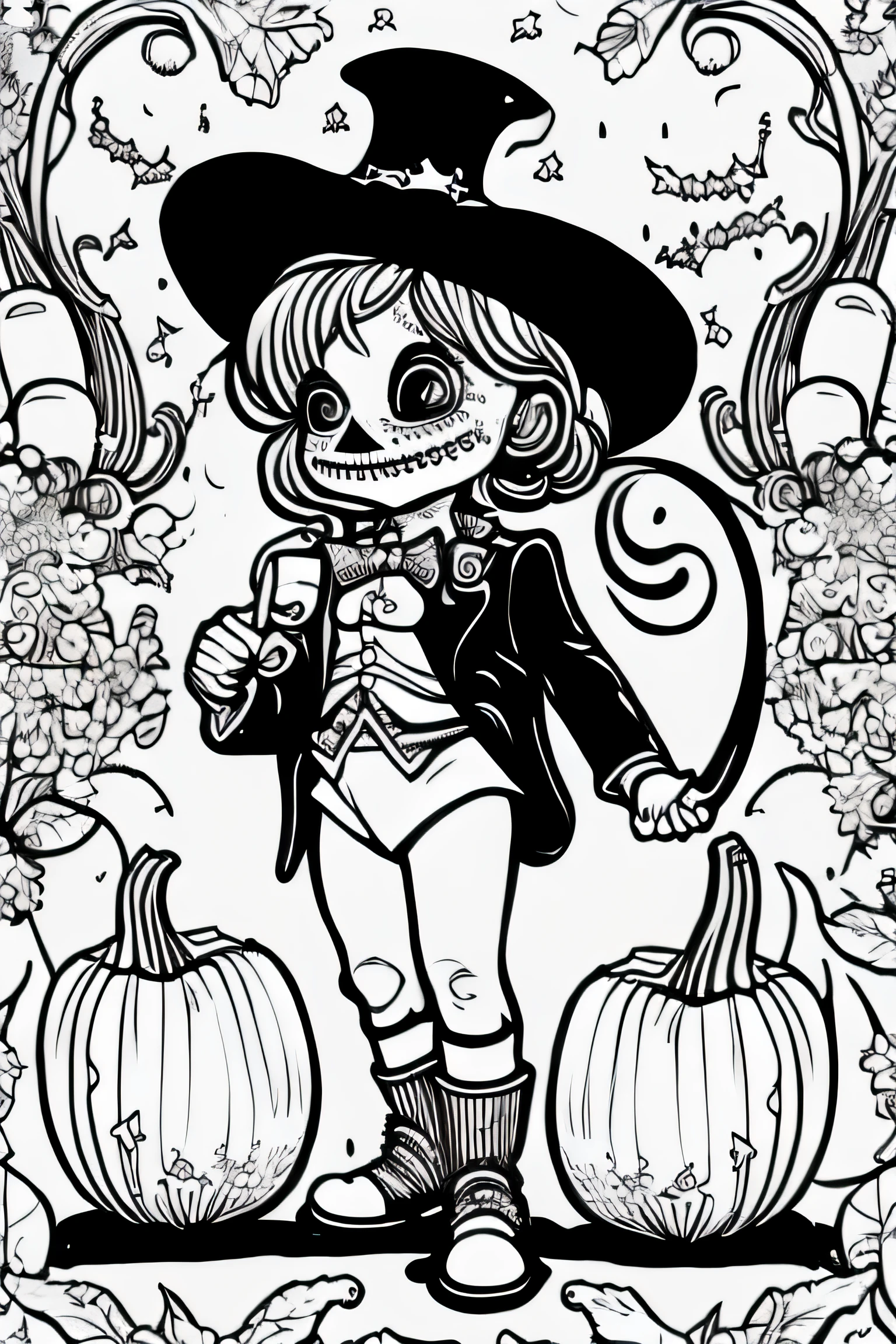 a coloring page with litle girl and pumpkin, lineart inspired by Thomas Nast, reddit, happening, spooky halloween theme, line art colouring page, clean coloring book page, halloween theme, halloween art style, halloween celebration, coloring book page,Dia de Los Muertos Halloween Fancy atmosphere, in a Dia de Los Muertos Halloween Fancy style, halloween scene, colouring - in sheet, coloring book outline, spooky halloween night  COLR_001