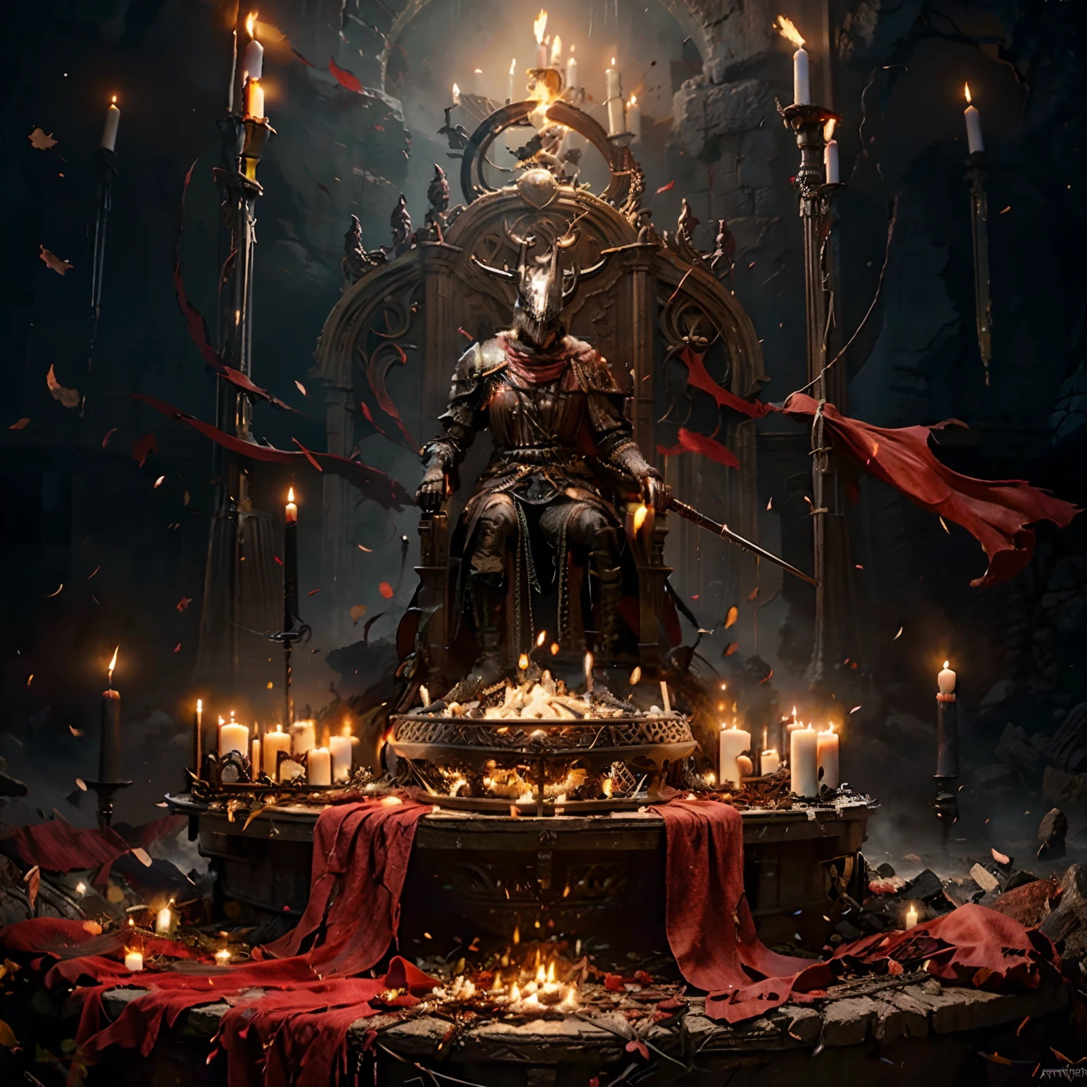 The Dark Knight sits on a throne surrounded by candles, best of artstation, Artstation contest winner, dark souls concept art, dark souls art, by Yang J, darksouls concept art, dark souls concept art, guillem h. pongiluppi, dark souls art style, lord from hell on the throne, dark soul concept, Diablo digital concept art