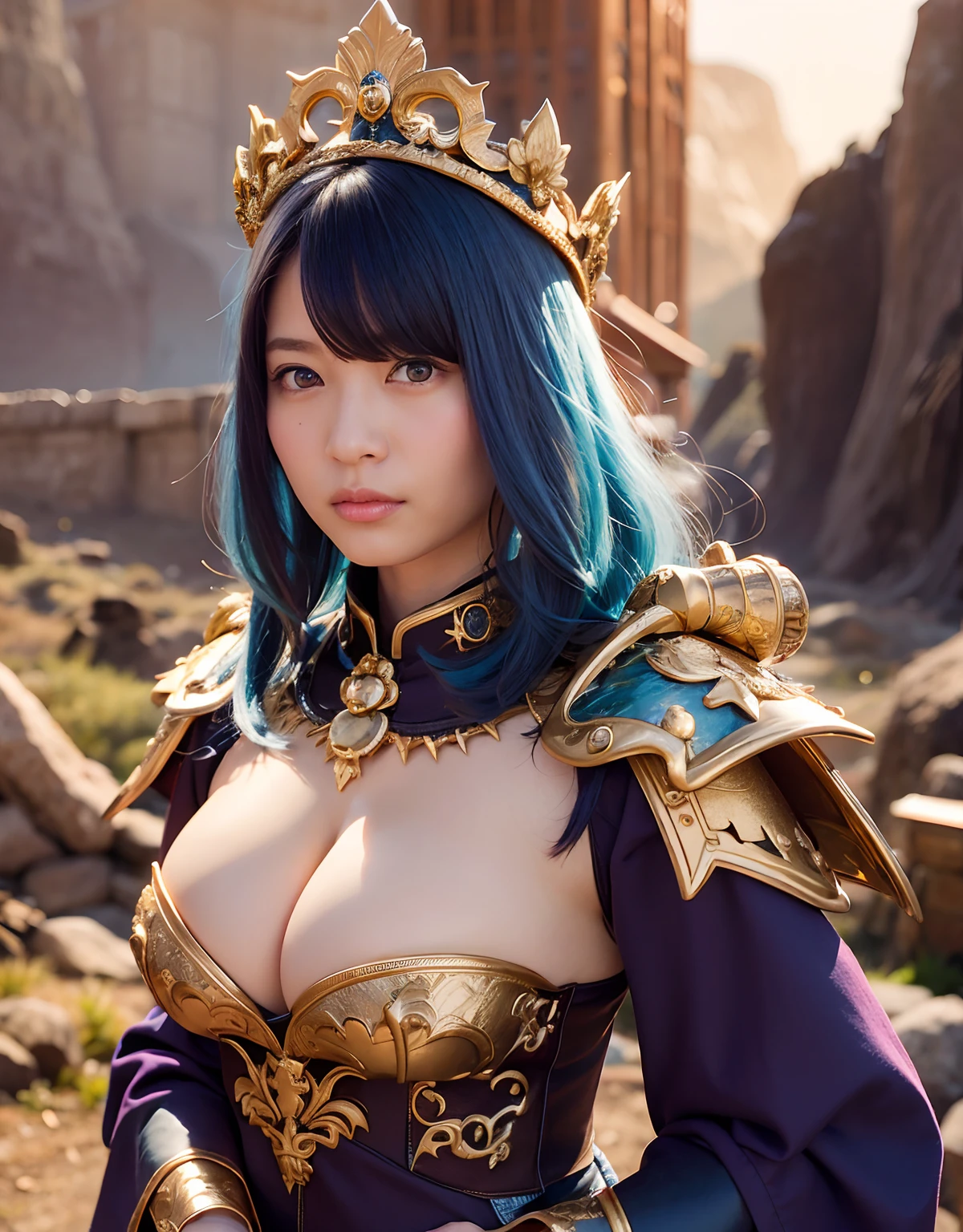 Professional , masterpiece、top-quality、photos realistic , 、top-quality、超A high resolution、(Photorealsitic:1.4)、Raw photo、depth of fields (Gemstone Gold Metal Body:1.9),(Matte White、Toostock、cleavage of the breast、(cleavage of the breast)、(Detailed Dragon Armor)、(Have the strongest weapon)、((Random Hairstyles 1.6),Dark Fantasy,)explosions、intense fighting、(Precipitous cliffs),Dragon Gold Weapon,Mystical expression、Particles of light、Fight dragons、(Detailed Dragon Helmet),Gorgeous Silver Weapons ,(( Dragon's dense and gorgeous sword)) , Beautiful knife ,warhammer 40k ,Detail and gorgeous crown、((Blue hair))、(Castle background)、、((Gangle's forest background))、Beautiful Caucasian beauty、1a person、dynamic ungle,((()))、Smaller head、A smile、Castle background、Thin and beautiful female hands、cleavage of the breast、Soldier in iron armor on background、Mystical expression、Light Effects、intense fighting、Wind-effect、magic circles、With the legendary magic wand、(demonic wings)、Toostock、