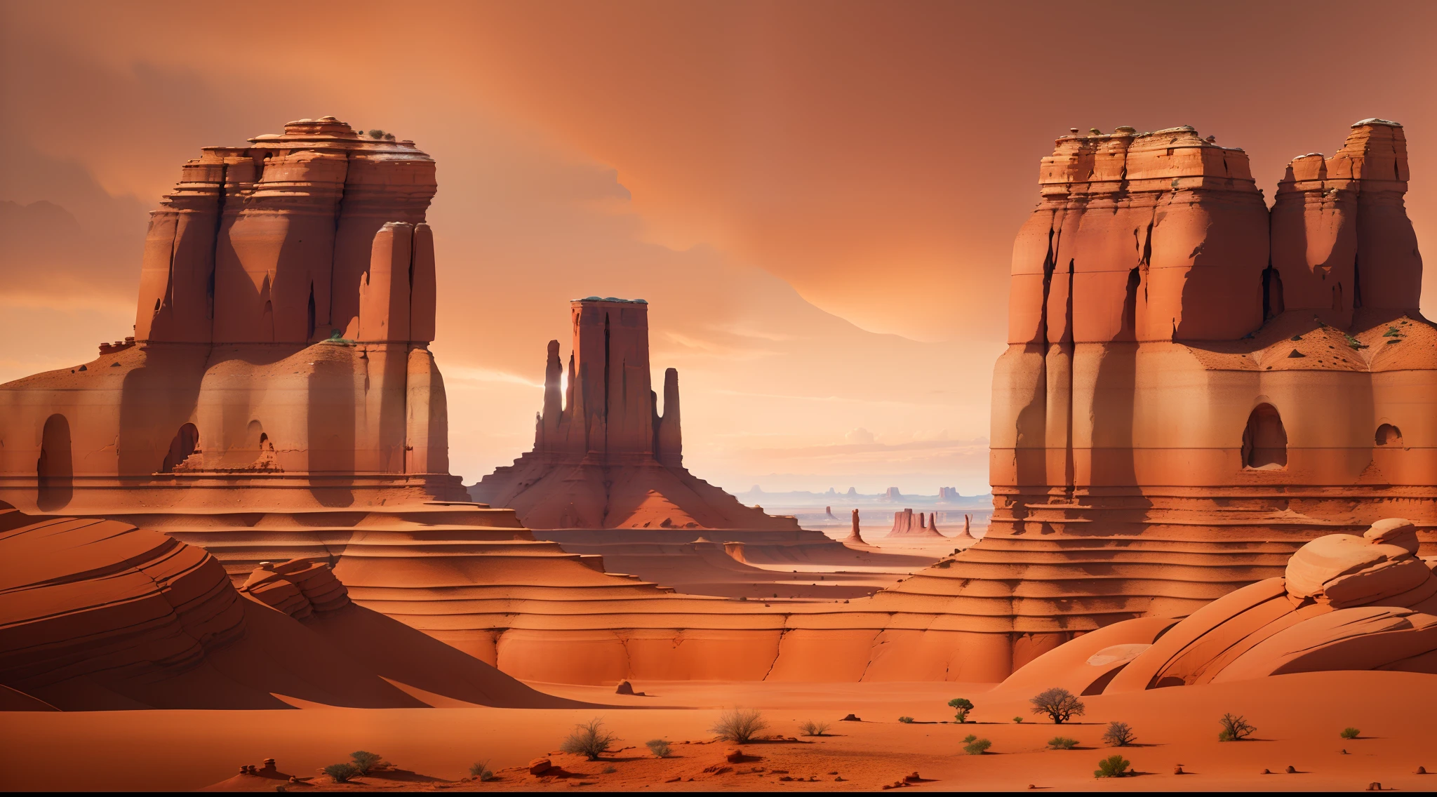 (Best quality,4K,A high resolution,Masterpiece:1.2),Artistic,Natural scenery,Stunning landscapes,Photography,mysterious (monument valley, Tsé Bii Ndzisgaii),(Huge sandstone formations, towering rock),geomerty，Sandstone texture，cinematic compositions