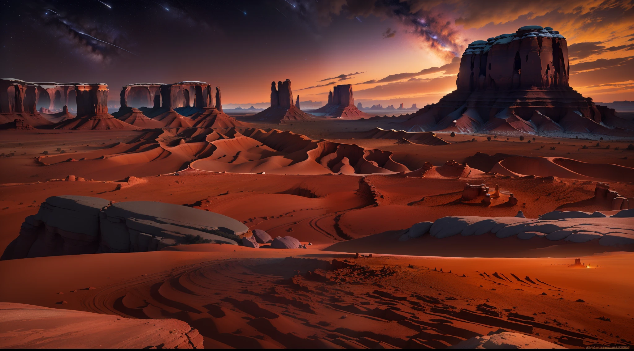 (Best quality,4K,A high resolution,Masterpiece:1.2),Artistic,Natural scenery,Stunning landscapes,Photography,Under the night sky (monument valley, Tsé Bii Ndzisgaii),(Huge sandstone formations, towering rock),geomerty，cinematic compositions