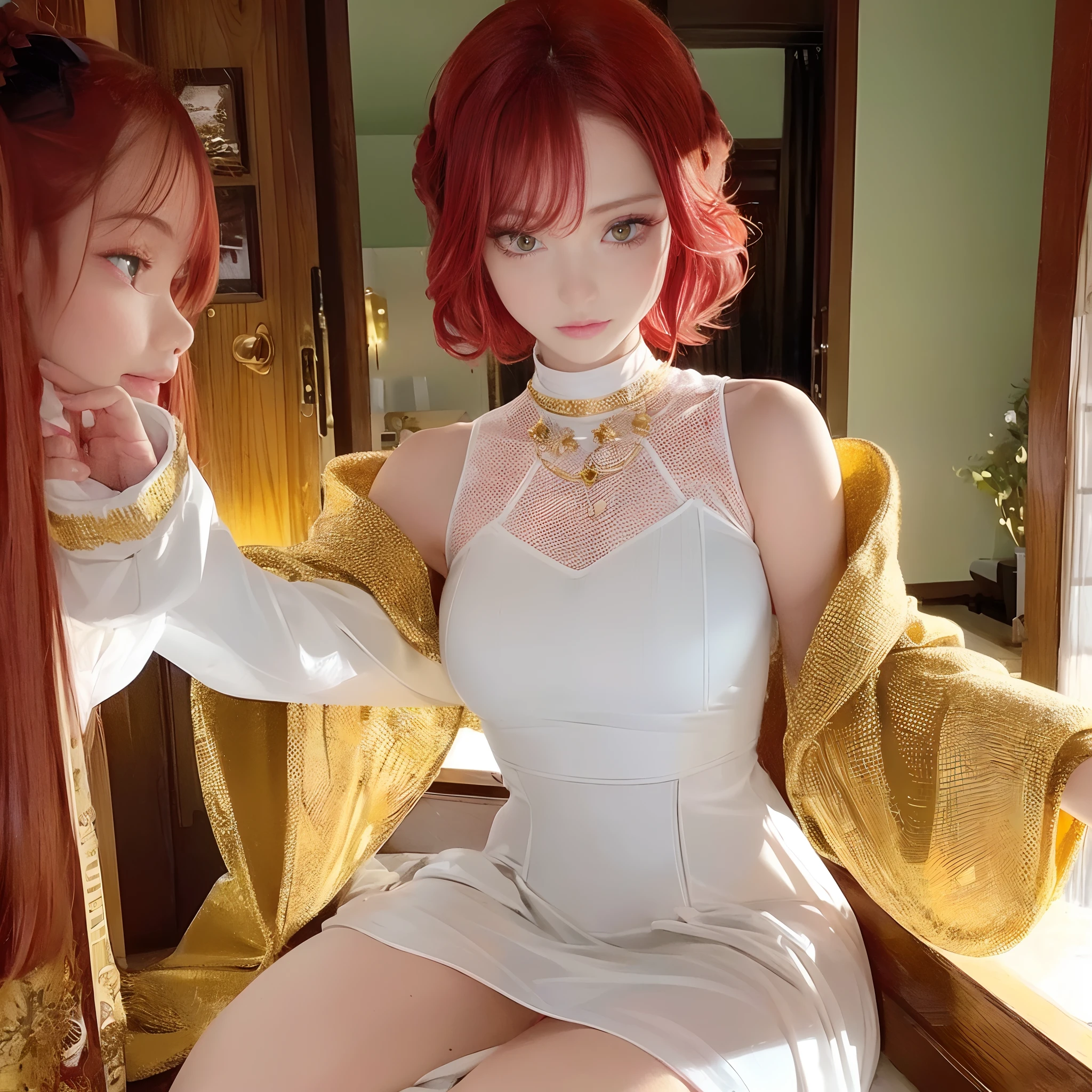 ( High quality , ultra detailed to hand ) ( careful hand ) Zodiac sign- Aries goddess , Similar to Latin goodness , brave ,willful ,productive ,enterprising and humanitarian face . Moody, impulsive, Impatient, assertive style . sunset reddish hair , Transparent dress , in the ocean with sun , Whole body , crystal fire eyes ( eye detailed ) . strong powerful make up look . goddess of fire .