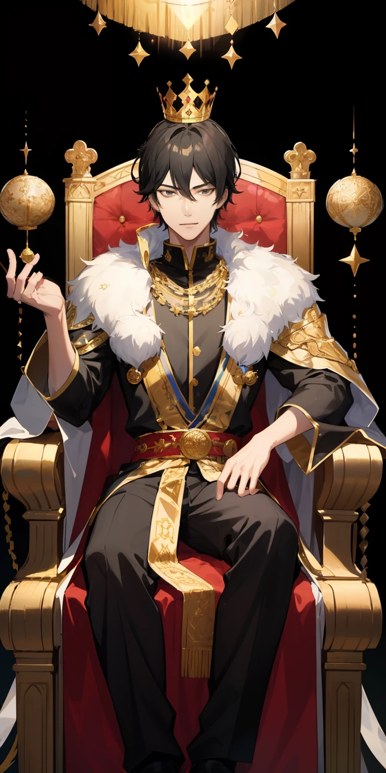 1 boy, young king, black hair, a crown on head, king's costume, handsome, arrogant face expression, smirk, sitting, king's chair, palace, glowing, sidelighting, wallpaper