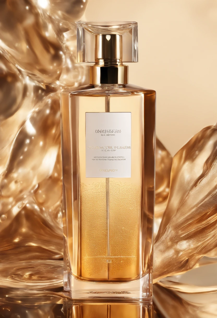 Close-up of a bottle of liquid，There are bubbles in the background, smooth vibrancy, caramel, exquisitedetails, radiant morning light, crisp smooth lines, transparent vibrant glowing skin, extraordinary, beauty shot, a golden halo, face, soft golden light, Femme, new design, diffused natural skin glow, Iridescent gloss, Showcase, slick design, vintage glow