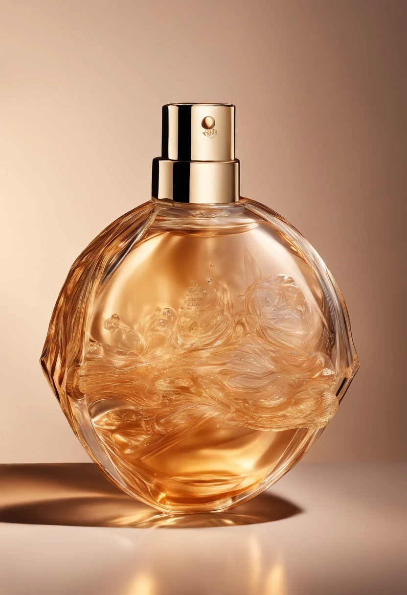 Close-up of a bottle of liquid,There are bubbles in the background, smooth vibrancy, caramel, exquisitedetails, radiant morning light, crisp smooth lines, transparent vibrant glowing skin, extraordinary, beauty shot, a golden halo, face, soft golden light, Femme, new design, diffused natural skin glow, Iridescent gloss, Showcase, slick design, vintage glow