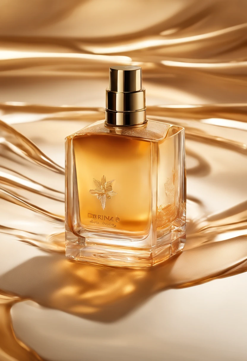 Close-up of a bottle of liquid,There are bubbles in the background, smooth vibrancy, caramel, exquisitedetails, radiant morning light, crisp smooth lines, transparent vibrant glowing skin, extraordinary, beauty shot, a golden halo, face, soft golden light, Femme, new design, diffused natural skin glow, Iridescent gloss, Showcase, slick design, vintage glow