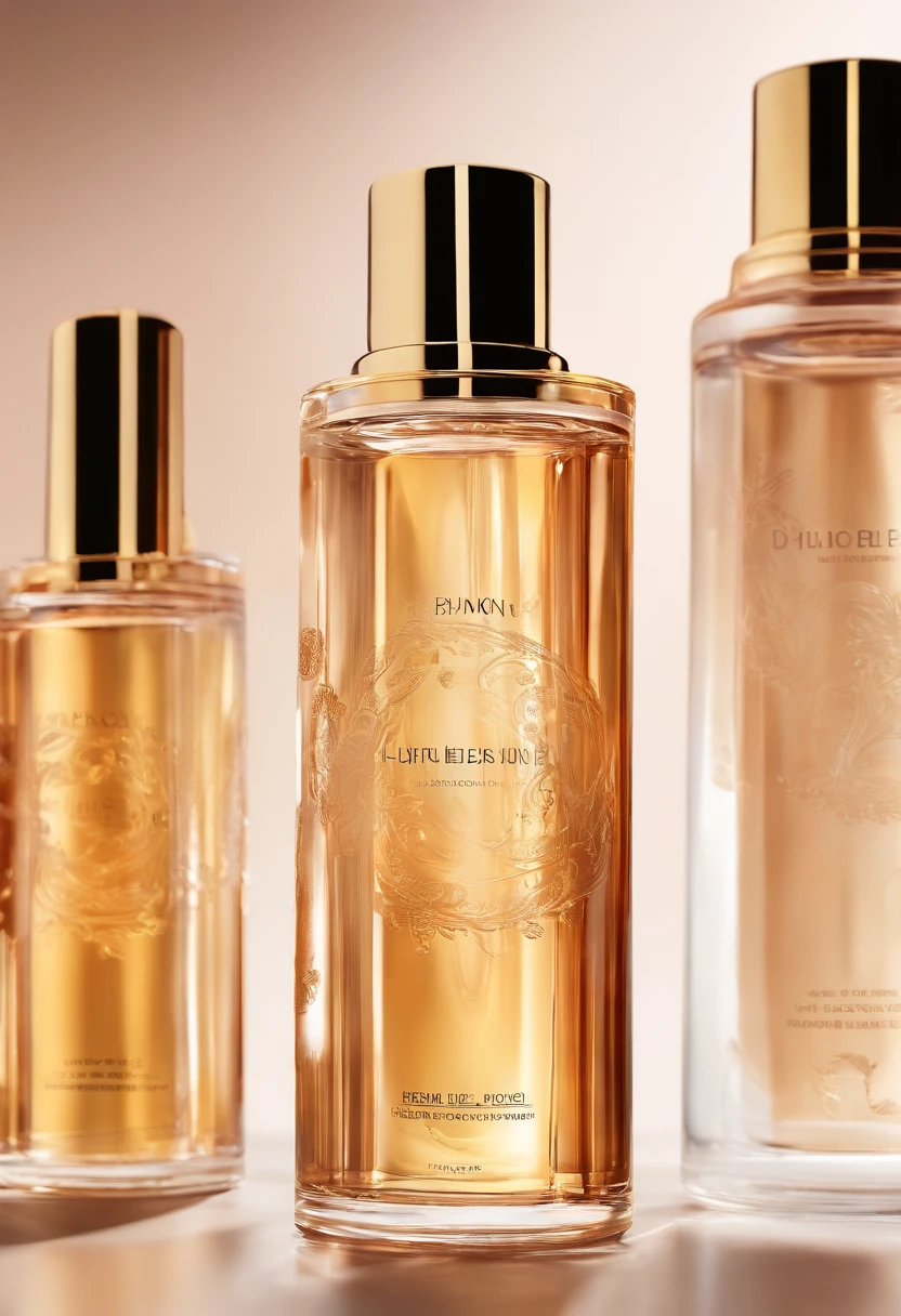 Close-up of a bottle of liquid,There are bubbles in the background, smooth vibrancy, caramel, exquisitedetails, radiant morning light, crisp smooth lines, transparent vibrant glowing skin, extraordinary, beauty shot, a golden halo, face, soft golden light, Femme, new design, diffused natural skin glow, Iridescent gloss, Showcase, slick design, vintage glow
