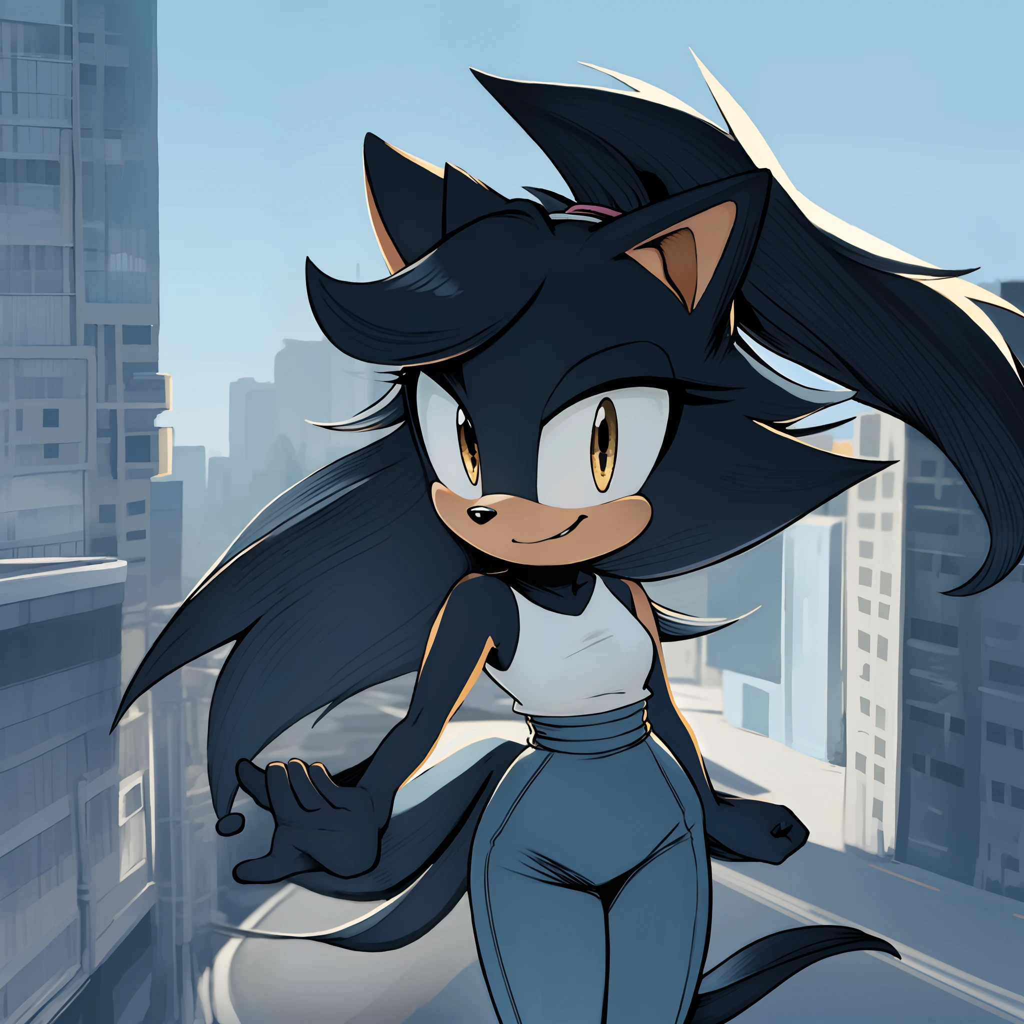 Zuki the Hedgehog, 1girl, solo, looking at viewer, smile, yellow high-waist skirt, white t-shirt, city background, off-shoulders, black fur, long hair, ponytail, black irises, white scrunchy, grey leggings, monkey tail, Saiyan tail, hair bang over eye