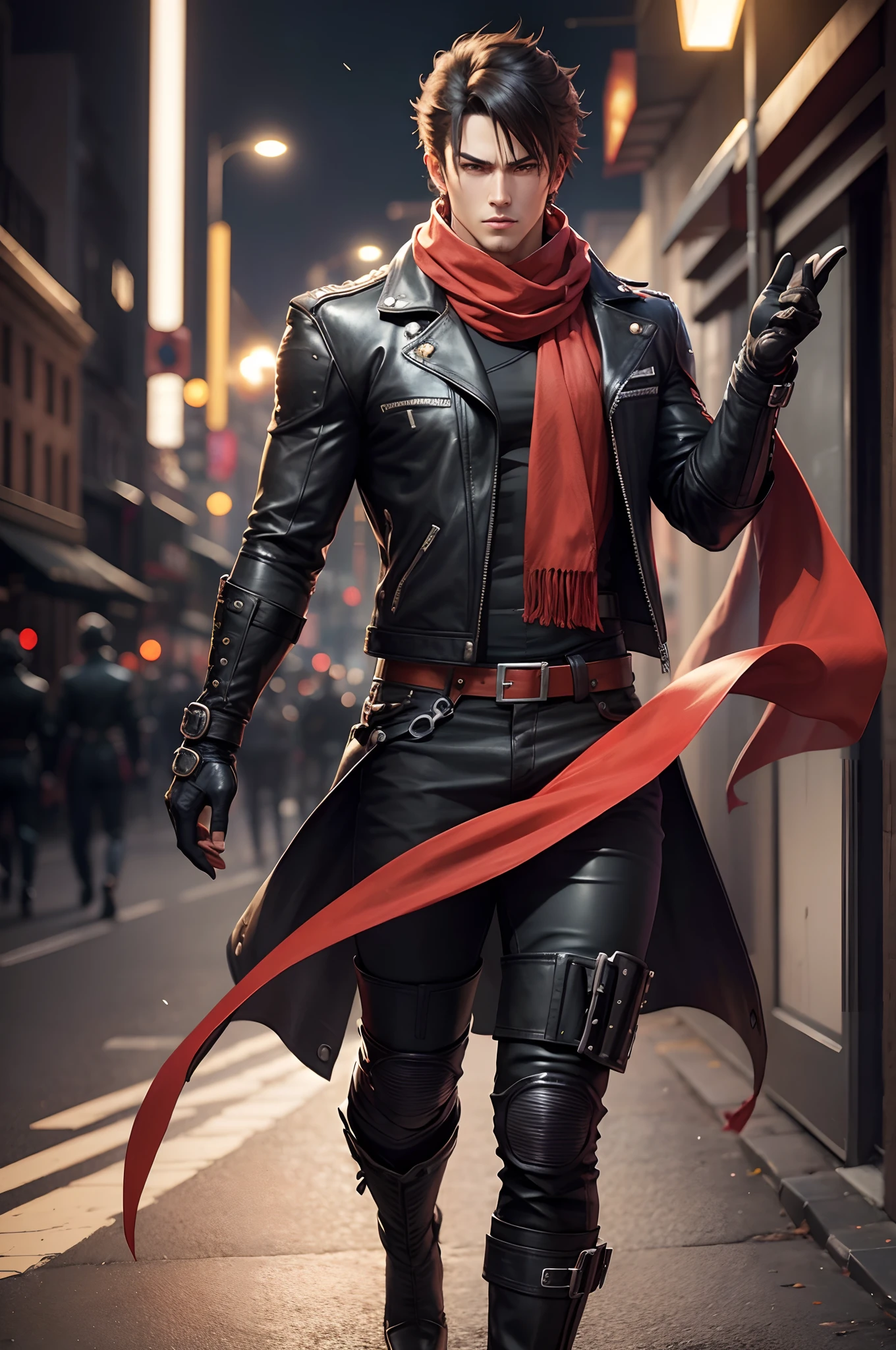 Anime - Style images of men in leather jackets and gloves, It's a character in Tekken..., Official Character Art, character from king of fighters, ( ( Character concept art ) ), Male anime characters, handsome anime pose, Main characters, Characters in fighting games, Full-body single character, Full single character, official character illustration, 5 wlop personality art styles, Major in Liberal Arts, no background ,full entire body, red neckerchief, No bulge., It's a short-sleeved shirt.