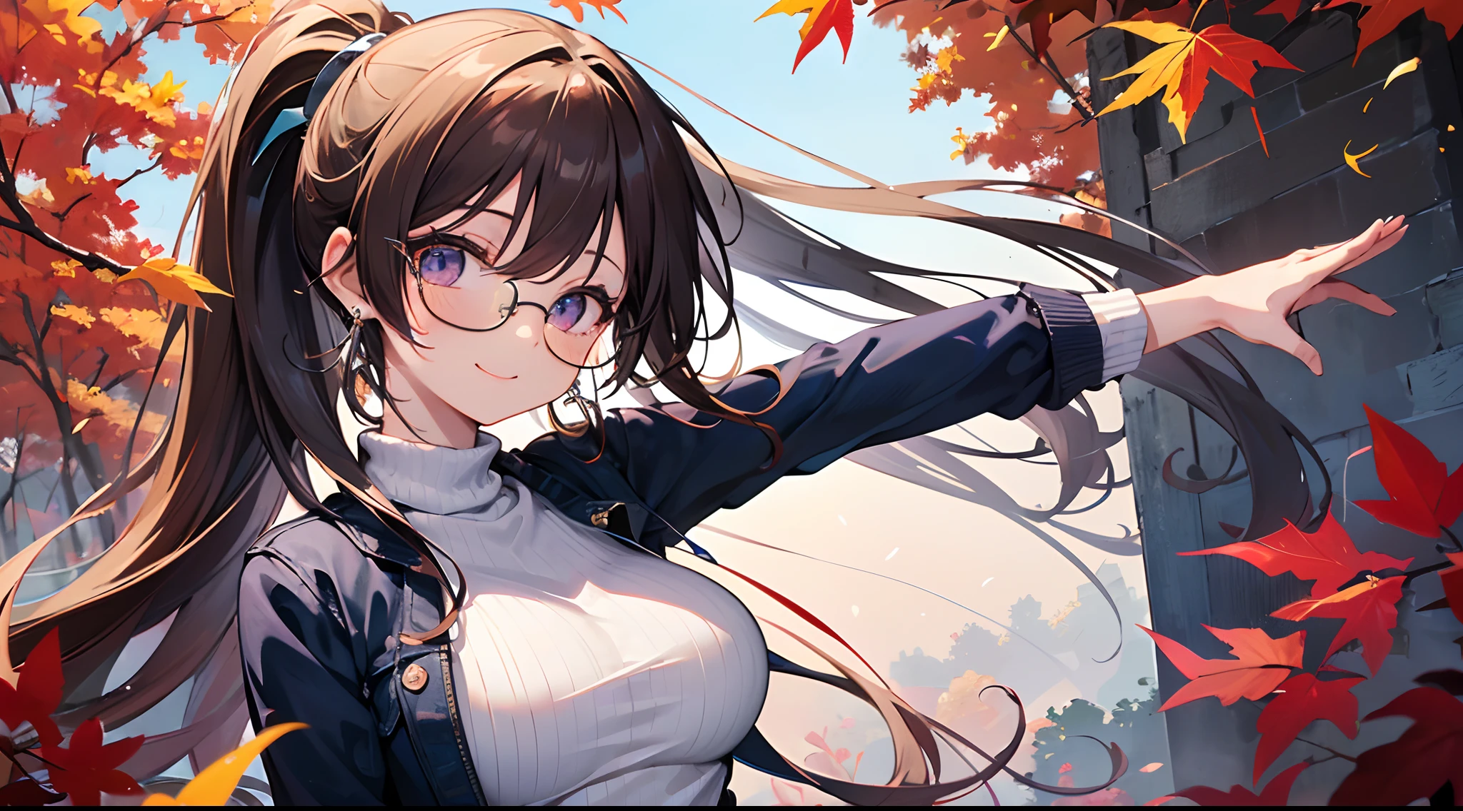 ((masutepiece)), ((Best Quality)), (Ultra-detailed), ((kawaii)), Cute, (lovely), ((Extremely detailed)), 4K, (8K), Best Quality, (Beautiful), Anime style, Upper body, full body focus, Autumn, Cute little girl s, 1girl in, Solo, Sweaters, jeans, Beautiful dark brown hair, Beautiful purple eyes, ((Beautiful eyes with highlights )), White-skinned, Ponytail, Transparent hair, translucent hair, large full breasts, Glasses, earrings, Smile, Wind-effect, reflection effect