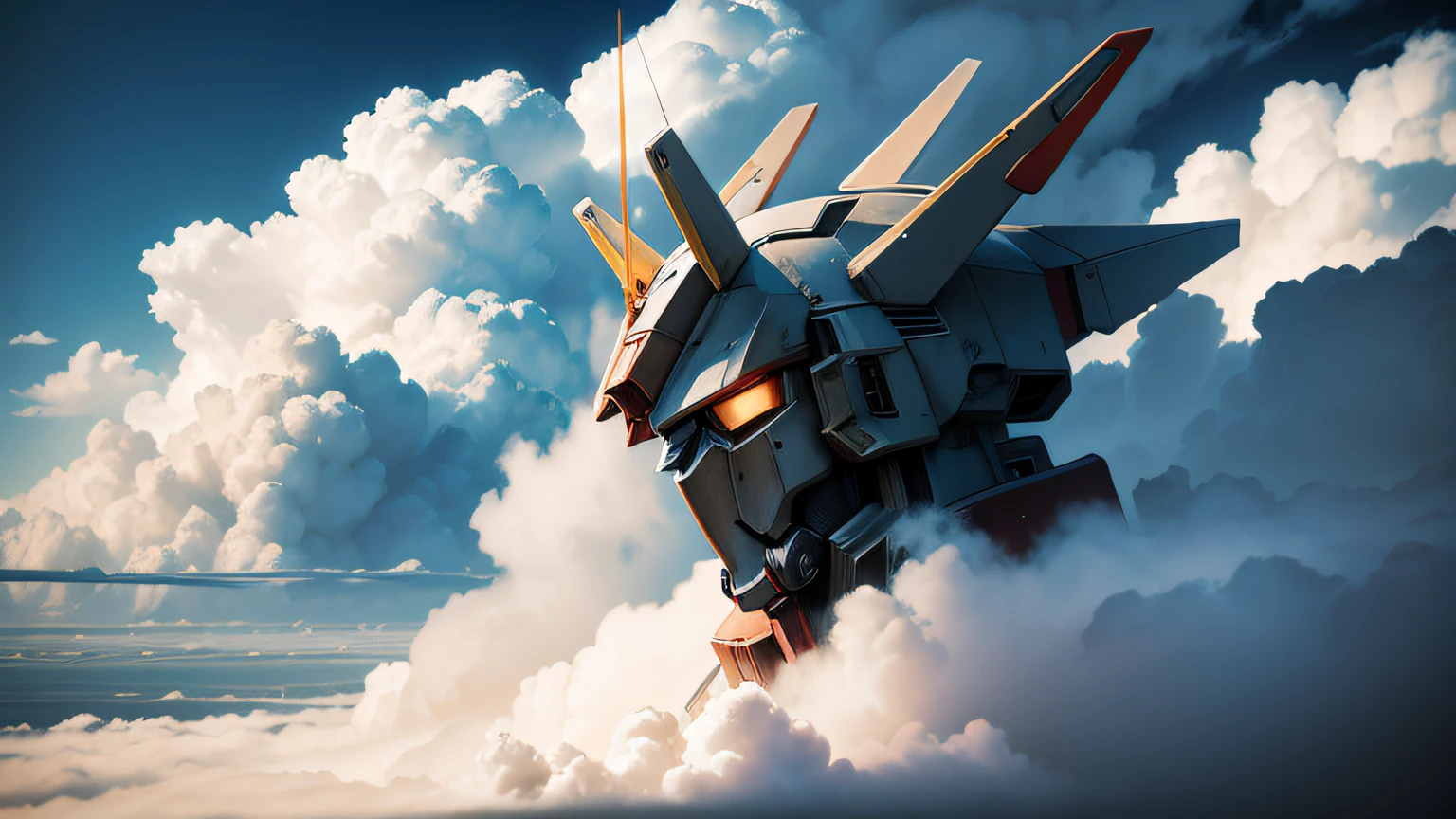 gundam, miyazaki style, wallpaper, on land, surrounded by clouds, epic, realistic