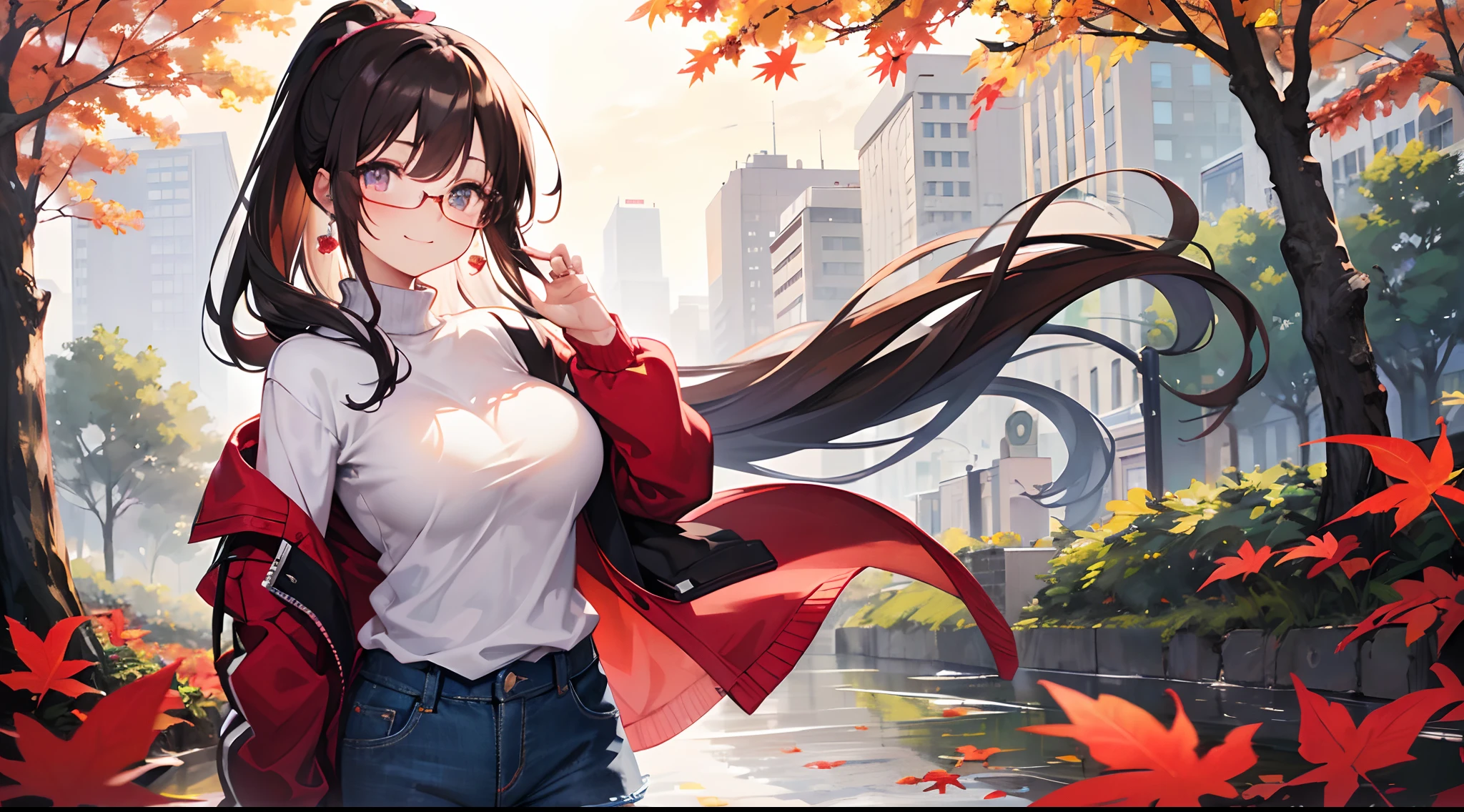 ((masutepiece)), ((Best Quality)), (Ultra-detailed), ((kawaii)), Cute, (lovely), ((Extremely detailed)), 4K, (8K), Best Quality, (Beautiful), Anime style, Upper body, full body focus, Autumn, Cute girl s, 1girl in, Solo, Sweaters, jeans, Beautiful dark brown hair, Beautiful purple eyes, ((Beautiful eyes with highlights )), White-skinned, Ponytail, Transparent hair, translucent hair, large full breasts, Glasses, earrings, Smile, Wind-effect, reflection effect