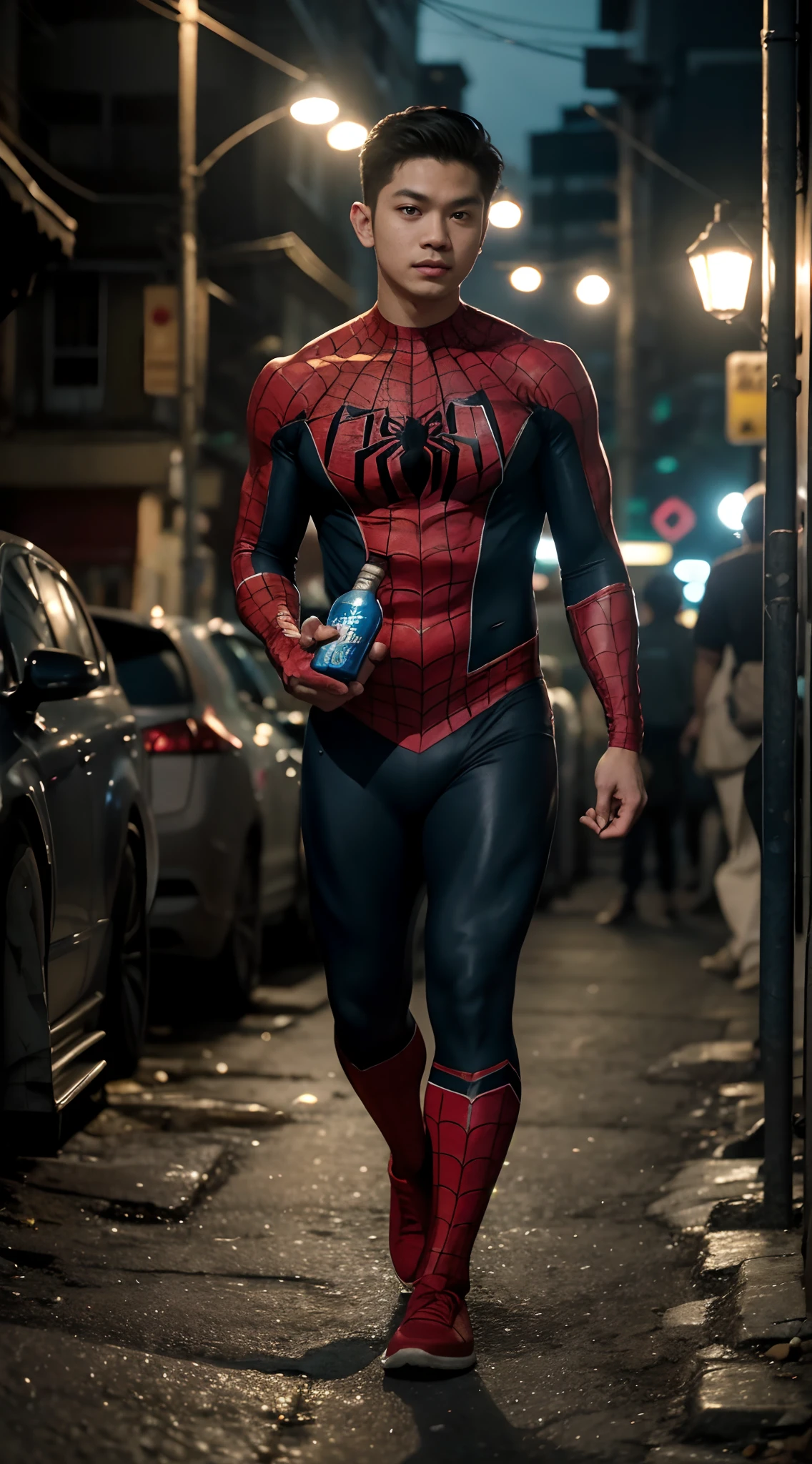 (highres:1.2)Si spiderman, (big-bellied)malaki ang tiyan,(holding a bottle of alcohol) may hawak na alak, (walking on the street)naglalakad sa kalsada, (dark surroundings)madilim ang paligid, at (slightly illuminated by a post light)may konting ilaw sa poste, at (blurry background)ang likod ay malabo.