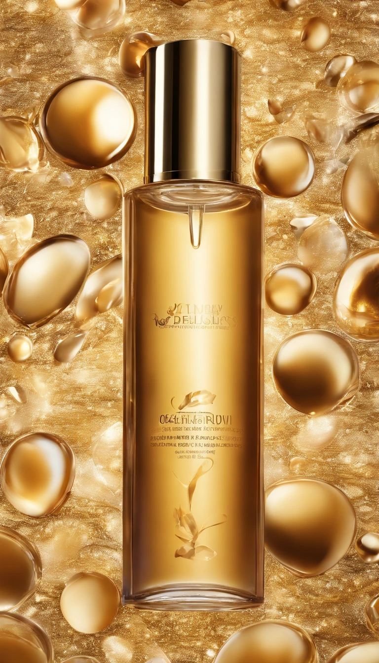 Close-up of a bottle of liquid,There are bubbles in the background, smooth vibrancy, caramel, exquisitedetails, radiant morning light, crisp smooth lines, transparent vibrant glowing skin, extraordinary, beauty shot, a golden halo, face, soft golden light, Femme, new design, diffused natural skin glow, Iridescent gloss, Showcase, slick design, vintage glow,Background with