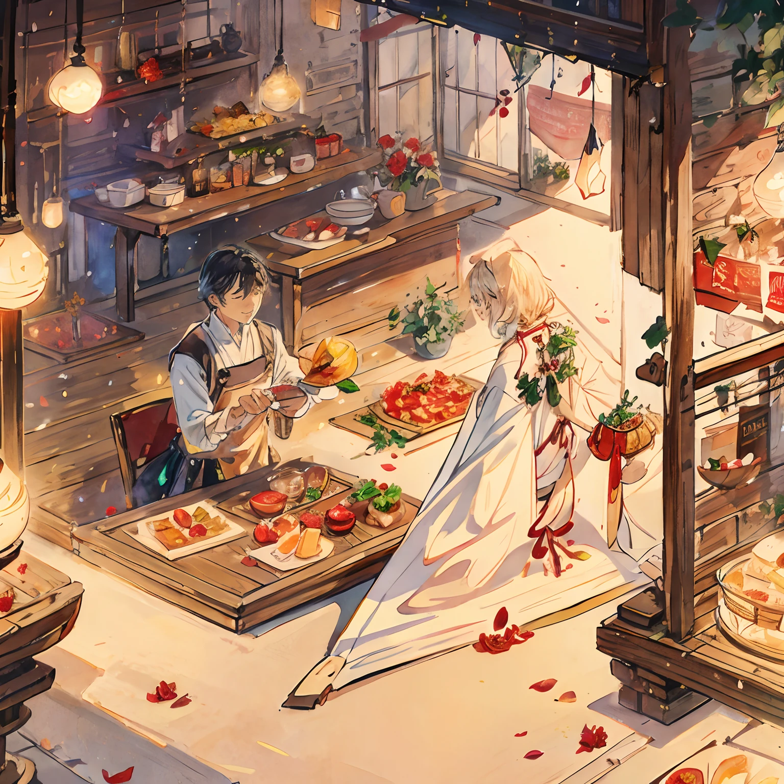 Prosciutto、tomatoes、cheese、glass、spices、tea、flower petals、herb