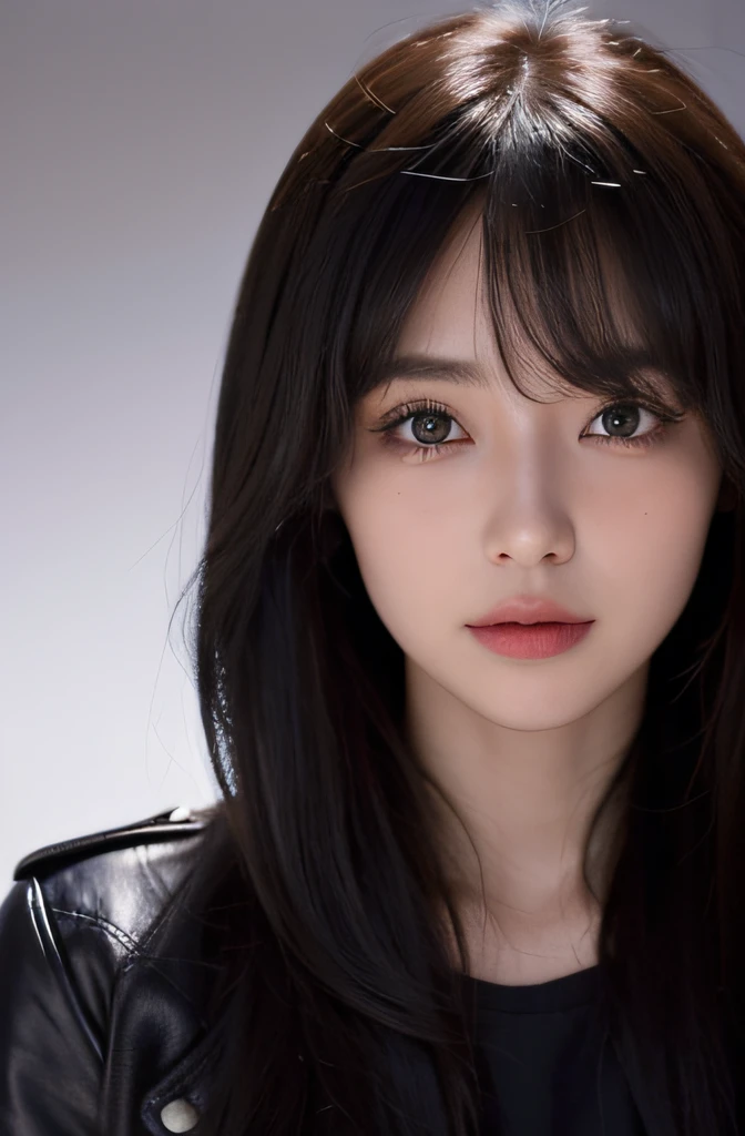 ((Beautiful face: 1.7, Perfect face: 1.3)), (From above: 1.2), Best Quality, sony a7, 50 millimeters, pores: 1.5, Colors, hyperdetails: 1.5, Film grain: 1.4, Hyper-realistic: 1.5), ultra realistic lifelike textures, masutepiece, unreal enginee 5, extremely detailed 8k CG wallpaper, Realistic eyes, Crazy detail photos, (ecstasy of light and shadow, deepshadow), (Pulitzer Prize for Best Photography and Taylor Wett Photography), leather jackets, Cool Beauty, scornful eyes, A slight smil, The gesture of pulling up the hair, Wear gloves, Cool Beauty, Beautiful woman with one eye hidden by hair, One eye is hidden, Queenley, adult-like, A MILF, Only one eye is covered with hair, Longhaire, Dark hair covering the eyes, very long bangs, scornful eyes, ssmile, shinny skin, asymmetrical bangs, Bangs reaching the cheeks, large amount of bangs, I can't see in one eye, hair so long that you can't see your face
