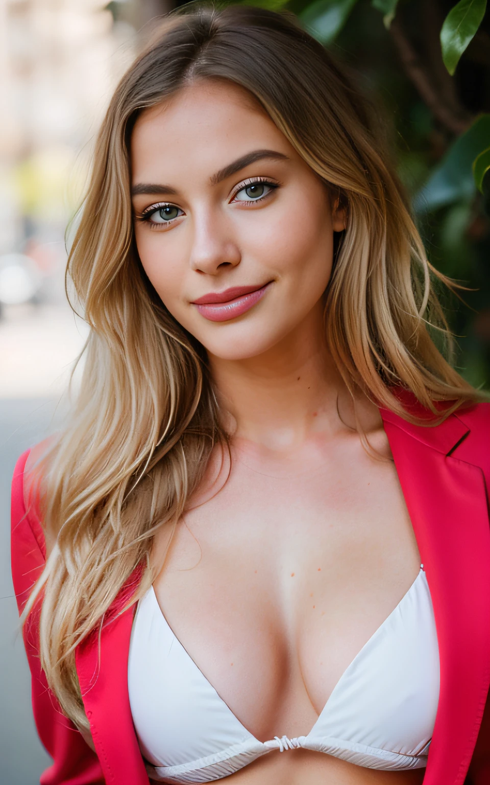 Very detailed, hot 21 year old woman, her name is Becky-lee, natural wavy blonde hair, blue-grey eyes, beautiful caucasian woman with long blonde hair, wearing a red open news reporter blazer, nothing underneath blazer, beautiful chest, cleavage showing but not full breasts showing, hidden, top half of body, facing camera, shoulders to the front, perfect detailed face, smiling, mouth slightly open, facing camera, perfect fit body, Extremely detailed, photorealistic, Realstic, Maximum details, real life, ultra realist, photorealism, photography, 8K UHD, photography