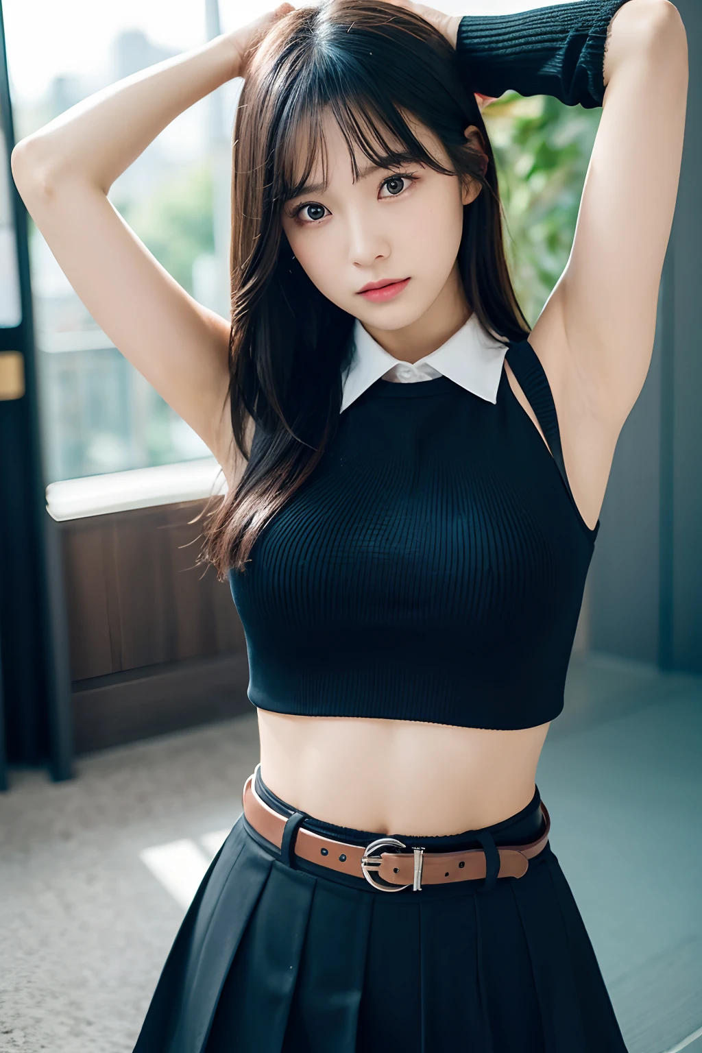 (masutepiece:1.2),High quality,vivd colour,flat-colors,Deep Depth Of Field,Lens Flare,1 girl,Black hair,eyecontact,Suit,Collared shirt,Belt bag,suspenders,Professional,Office Lady,Mature Women,Black mini skirt garterbelts knee high Stockings Black Niso Colorcon armpit sweat perspiring Side of both hands,Black jacket,Gaze,ample bosom,Armpit sweat,Exposing the armpits"Pichi Pichi clothes