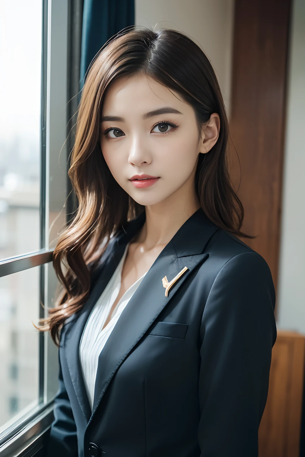 (8K,Raw photo、Raw photo、top-quality、Master masterpiece:1.2)、ultra-detailliert、Super Resolution、(Photorealsitic:1.3)、Angle to shoot from the front、Clearly draw shades of light、high resolution RAW color photos、professional photograpy、Same skin type as humans、Female proofreading of Japan from head to waist、Blur the background、Draws faithfully to anatomy、Very detailed and beautiful、Ultra-high image quality、long、Hair swaying and sexy、Very detailed beautiful girl、(Pink Eye Shadow)、smil、Loosely curly hair、s Office、Stand in front of the window、suits、Recruit Suit、