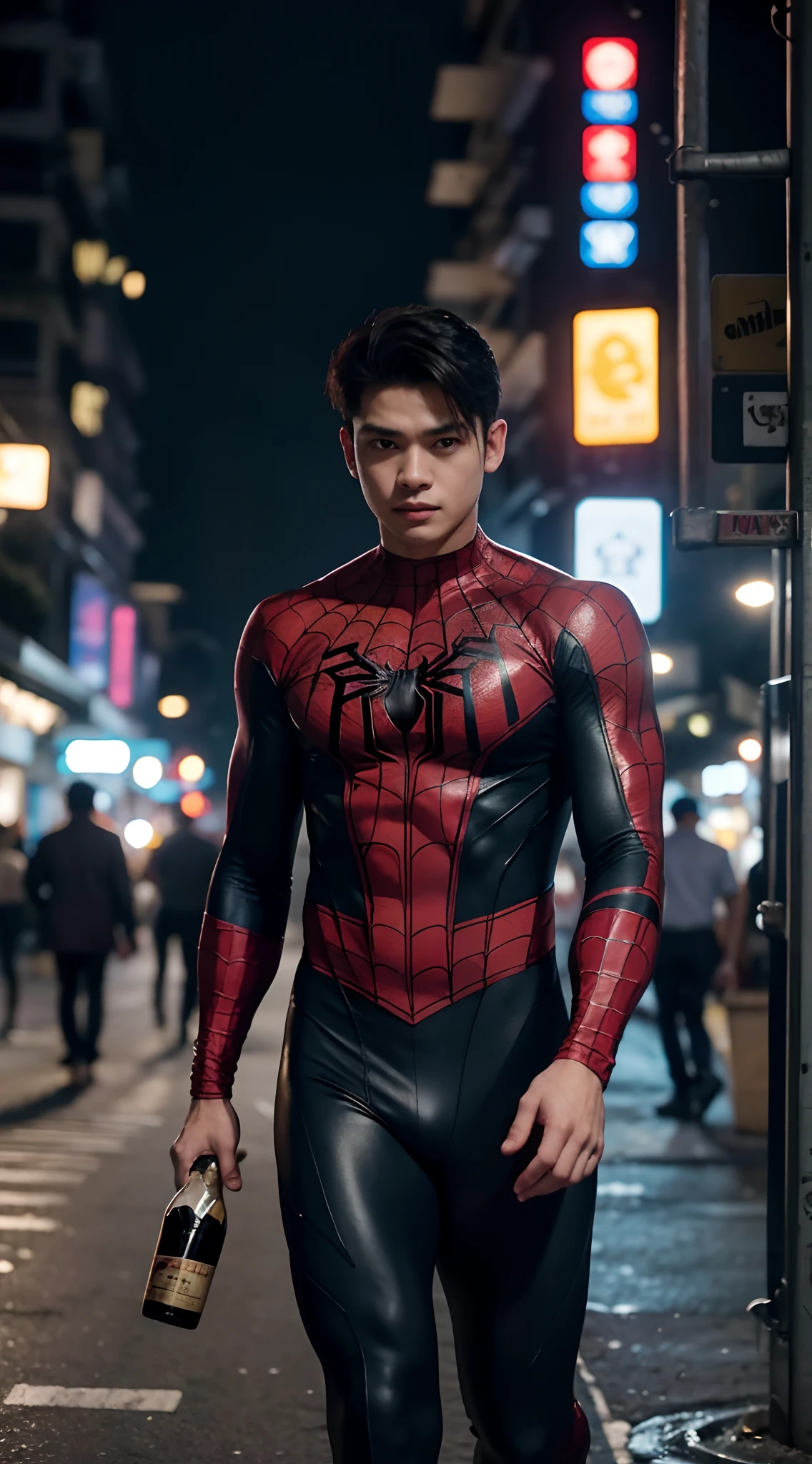 (highres:1.2)Si spiderman, (the stomach is big)malaki ang tyan,(holding a bottle of alcohol) may hawak na alak, (walking on the street)naglalakad sa kalsada, (dark surroundings)madilim ang paligid, at (slightly illuminated by a post light)may konting ilaw sa poste, at (blurry background)ang likod ay malabo.