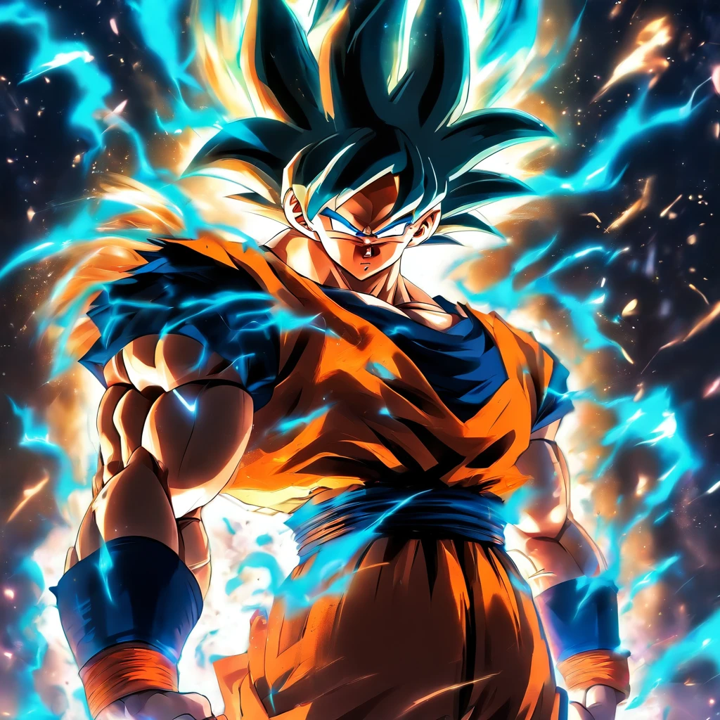masterpiece, best quality, 1boy, (goku), short hair, black hair, black eyes, blue boots, orange clothes, training, standing, smiling, angry face, aura power, night, natural light,standing, angry eyes, smiling, black hair, male focus, strong muscles, movie composition, deth of field, bokeh, (futuristic), (full body),