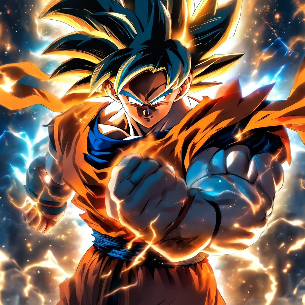 masterpiece, best quality, 1boy, (goku), short hair, black hair, black eyes, blue boots, orange clothes, training, standing, smiling, angry face, aura power, night, natural light,standing, angry eyes, smiling, black hair, male focus, strong muscles, movie composition, deth of field, bokeh, (futuristic), (full body),
