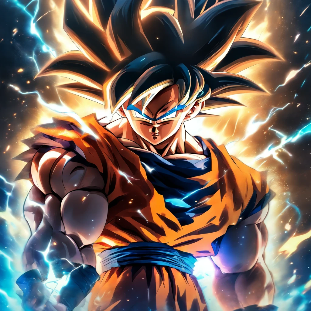 masterpiece, best quality, 1boy, (goku), short hair, black hair, black eyes, blue boots, orange clothes, training, standing, smiling, angry face, aura power, night, natural light,standing, angry eyes, smiling, black hair, male focus, strong muscles, movie composition, deth of field, bokeh, (futuristic), (full body),