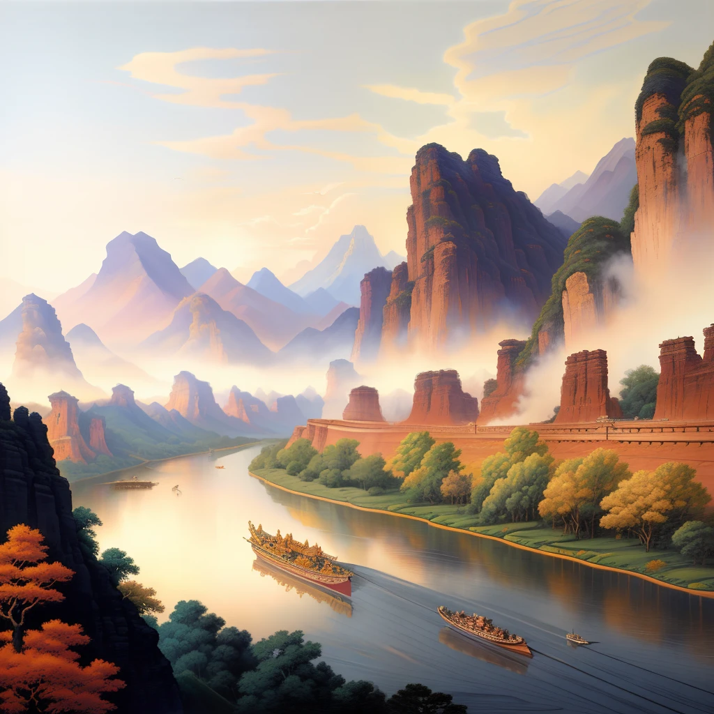 Ancient landscape painting，Mountains in front，Behind is a beautiful meandering green river，Sunset and sunset，There are a few flying birds in the sky，There is a wooden boat on the Green River，Extremely clear details of old paper，High paper detail，High line detail，A high resolution，Ultra high quality，primitive，8K images，Extremely high color detail，iintricate，Epic composition、电影灯光、tmasterpiece、bold complementary colors。Chinese landscape paintings elaborately painted by Artgerm and Range，Yellow paper color，Draw in black and white ink，Extremely clear details of old paper，High paper detail，High line detail，A high resolution，Ultra high quality，primitive，8K images，Extremely high color detail，iintricate，Epic composition，电影灯光，tmasterpiece，art  stations，Sergey Svestunov，ultra-realistic realism，dense fog，