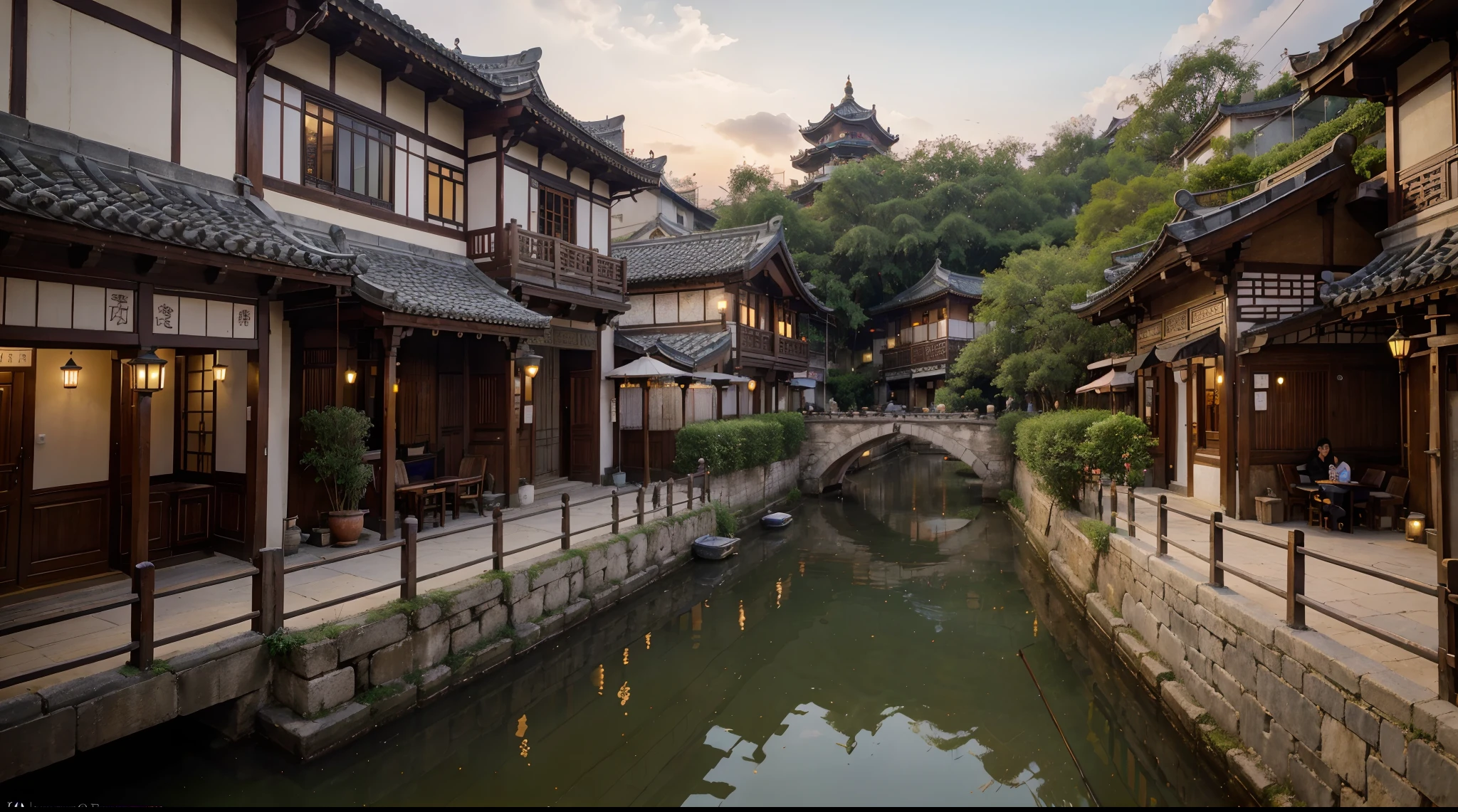 (best quality,4k,highres,masterpiece:1.2),ultra-detailed,realistic:1.37,dreamy Chinese town,beautiful traditional architecture,serene landscape,historical charm,vibrant colors,happy children playing in the streets,lanterns illuminating the night,delicate cherry blossoms,peaceful canal,ancient temples and pagodas,traditional festivals and celebrations,watercolor painting-inspired,soft pastel tones,magical glow,cozy teahouses,smell of incense,ornate carvings and decorations,reflection of the town in the water,enthralling misty ambiance,calming sounds of flowing water,old stone bridges connecting the town,harmonious blend of modernity and tradition,rippling lotus ponds,quaint narrow alleys lined with traditional shops vàuniquely-shaped rooftops,people wearing traditional clothes,traditional music filling the air,cultural diversity,stories told through street art,gentle breeze rustling through the trees,endless charm and tranquility.