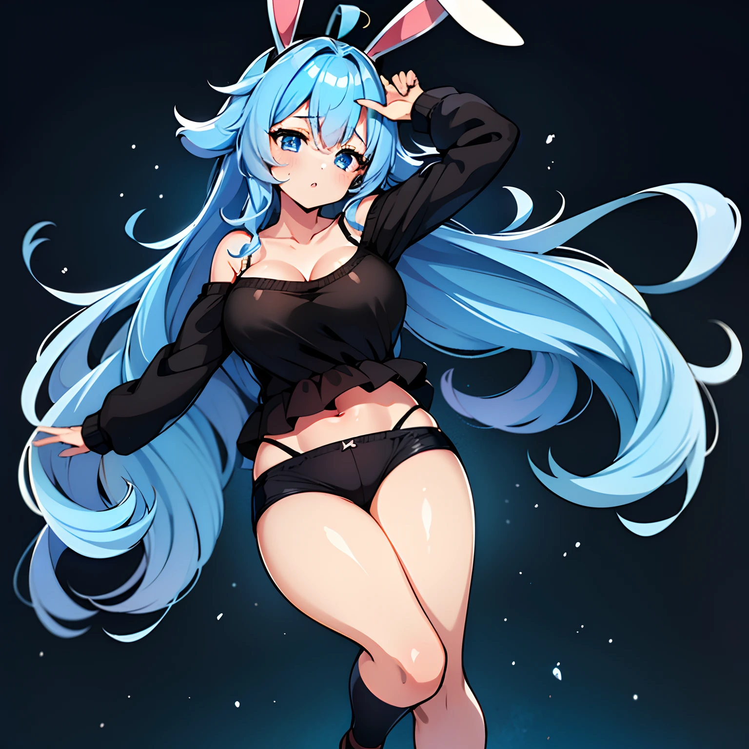 A young girl, blue hair, wavy hair, big hair, brown bunny ears, dark blue eyes, short tight blouse, big breasts, black blouse, extremely short shorts, thong panties showing a part, black 3/4 socks, ( (4k)), ((high quality)), ((masterpiece))