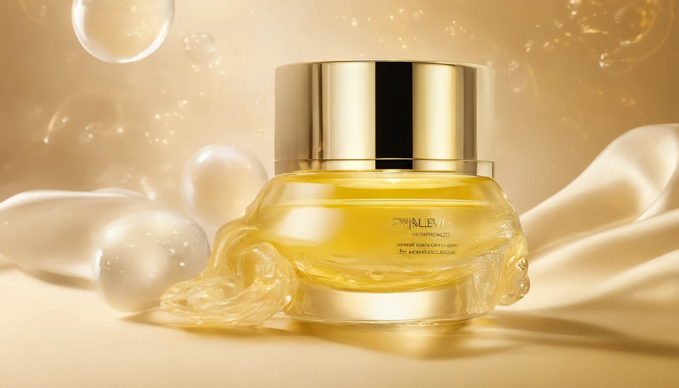 A skincare product on a yellow background, There are bubbles in the background, smooth vibrancy, exquisitedetails, radiant morning light, crisp smooth lines, transparent vibrant glowing skin, extraordinary, beauty shot, a golden halo, face, soft golden light, Femme, new design, diffused natural skin glow, Iridescent gloss, Showcase, slick design, vintage glow