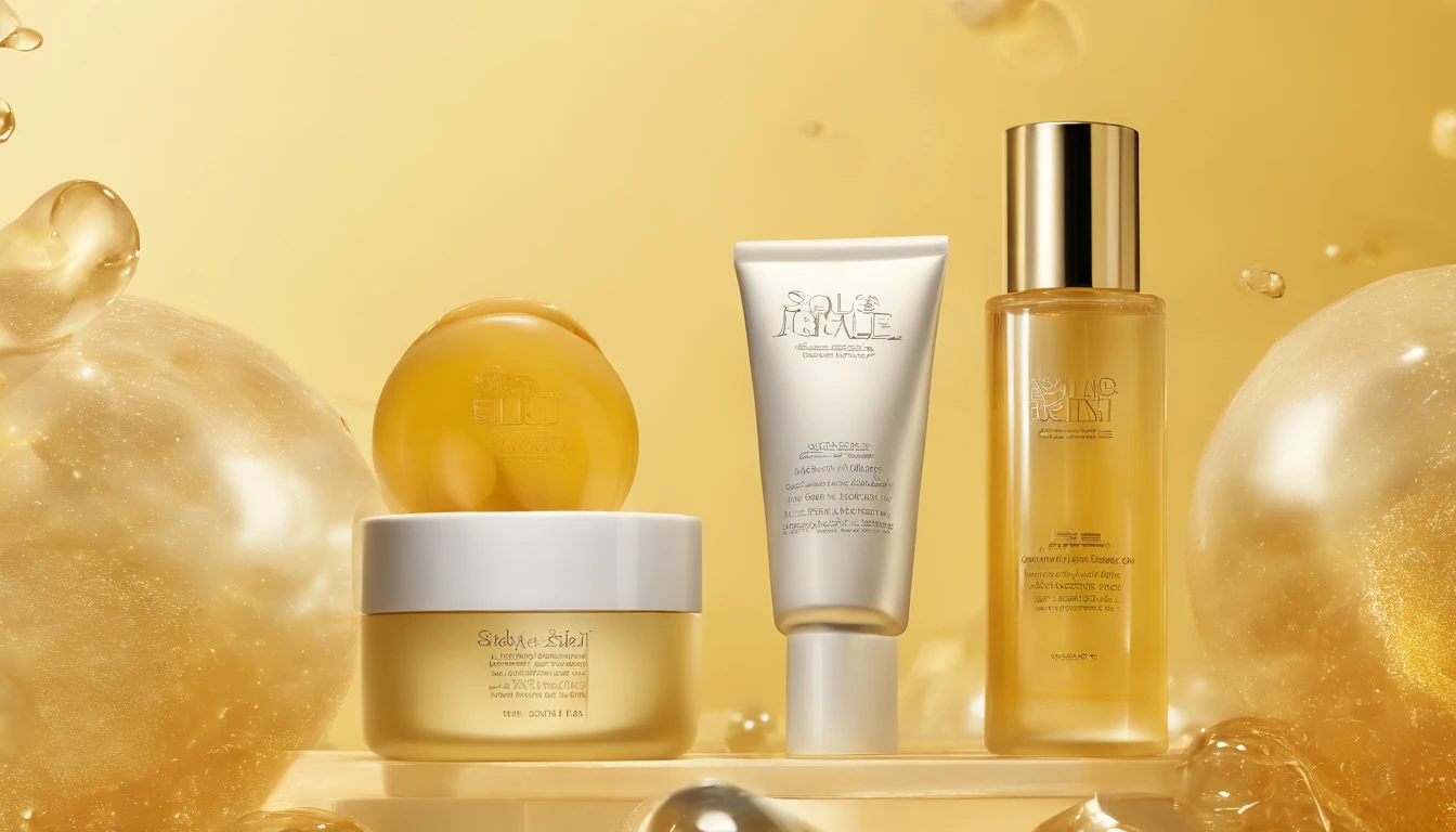 A skincare product on a yellow background, There are bubbles in the background, smooth vibrancy, exquisitedetails, radiant morning light, crisp smooth lines, transparent vibrant glowing skin, extraordinary, beauty shot, a golden halo, face, soft golden light, Femme, new design, diffused natural skin glow, Iridescent gloss, Showcase, slick design, vintage glow