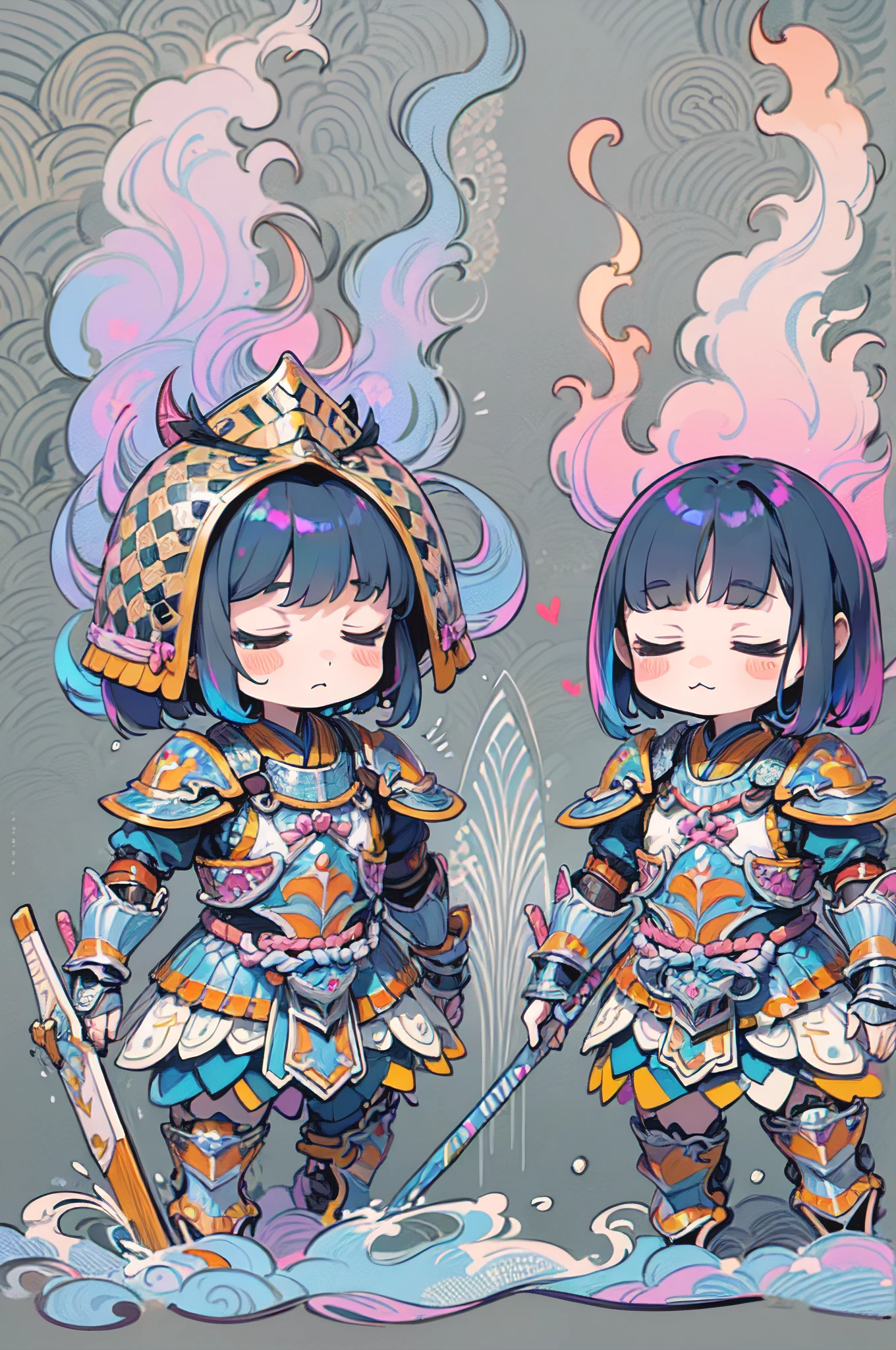 (iridescent zentangle)Japanese armor emerging from the smoke. Japanese armor faces each other in the front and the back. The armor in the front is designed to resemble splashes of water, and the armor in the back is designed to resemble flames.(Artistically drawn)(chibi girl) (simple background) (flat painting style) (kawaii)