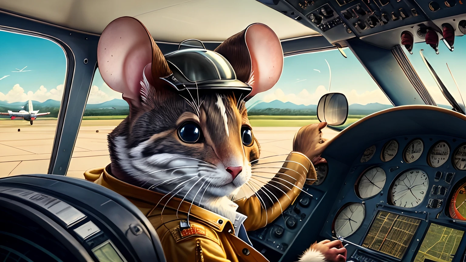 Animal Mouse in a cockpit with aviation helmet looking face forward