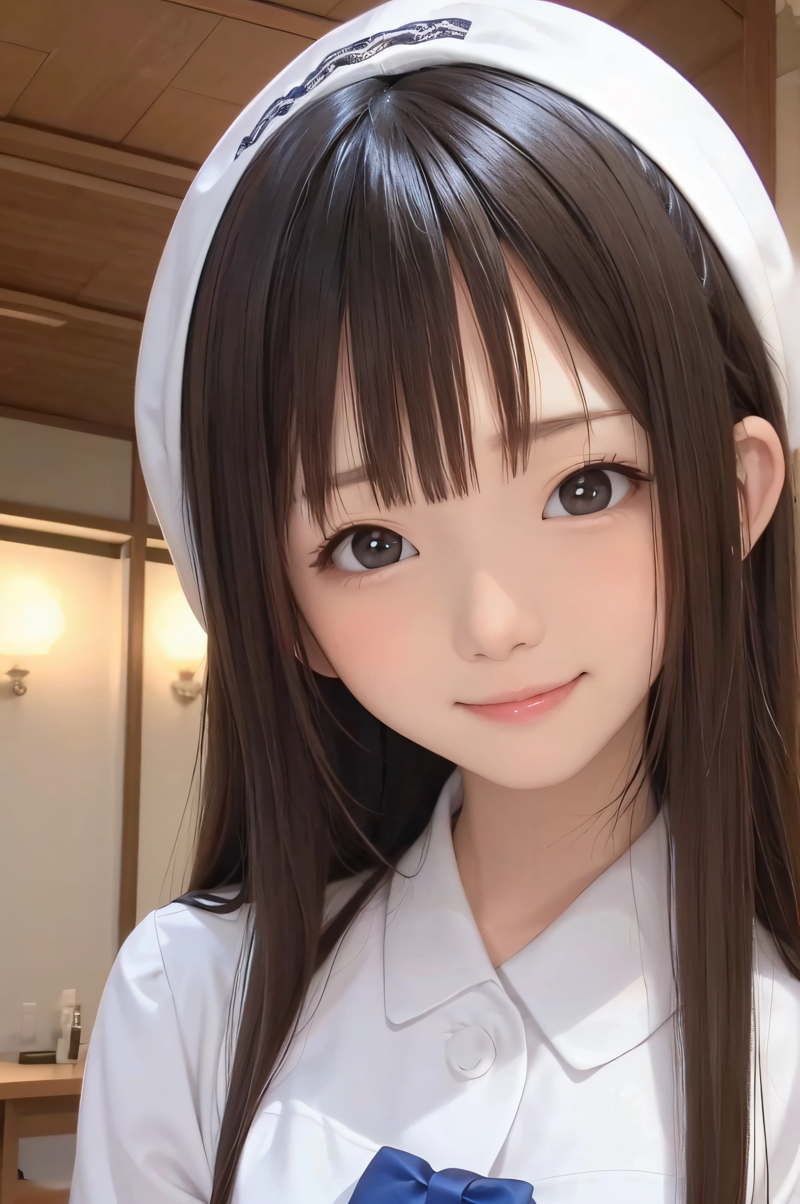 (Background white、White background、The background is all white)、17 age、brown haired、beautidful eyes、real looking skin、hi-school girl、a sailor suit、small tits、(8K、masterpiece)、(reallistic、Photorealsitic)、top-quality、ighly detailed、The ultra-detailliert、Beautie、cute little、japanes、Idol、a smile、ssmile、Close-up portrait、Healthy face