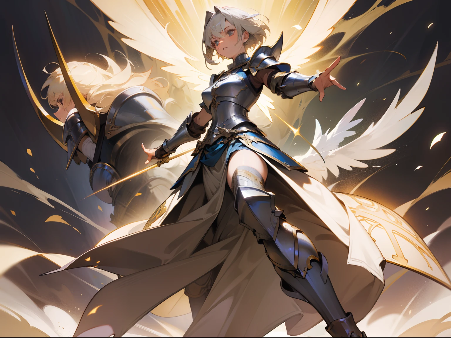 masterpiece, best quality, mature woman, paladin, light blonde hair, simple brown clothing, simple silver pectoral armor, simple silver shin guard, fantasy, medieval, in a battle arena, dynamic pose, beautiful detailed glow. white 4 wing on her back