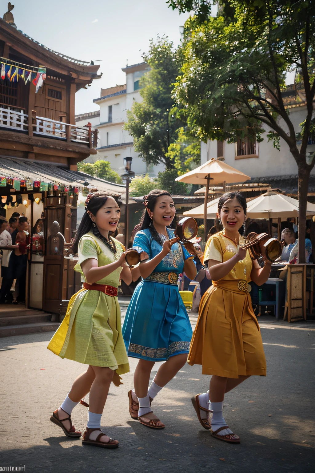 (best quality,4k,8k,highres,masterpiece:1.2),ultra-detailed,(realistic,photorealistic,photo-realistic:1.37),vibrant colors,beautifully lit scene,medium:2d illustration,children playing in the Village Square,joyful atmosphere,colorful decorations,traditional lanterns,excited expressions,folk dance performance,happy laughter,community gathering,traditional costumes,traditional music playing in the background,bustling crowd,playful games,enthusiastic cheers,authentic cultural experience,delightful ambiance,traditional food stalls,aroma of local delicacies,folk art and crafts,exquisite hand-painted banners,happy faces of Xingxing and his friends,traditional dances,traditional musical instruments,community spirit,friendly interactions,harmonious cultural diversity,energetic atmosphere,memorable cultural celebration