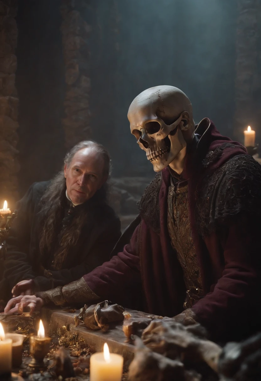 skull and lucifer talking to each other above a pile of corpses, fantasy, intricate, elegant, highly detailed, centered, symmetry, painted, intricate, volumetric lighting, beautiful, rich deep colors masterpiece, sharp focus, ultra detailed, in the style of dan mumford and marc simonetti, astrophotography