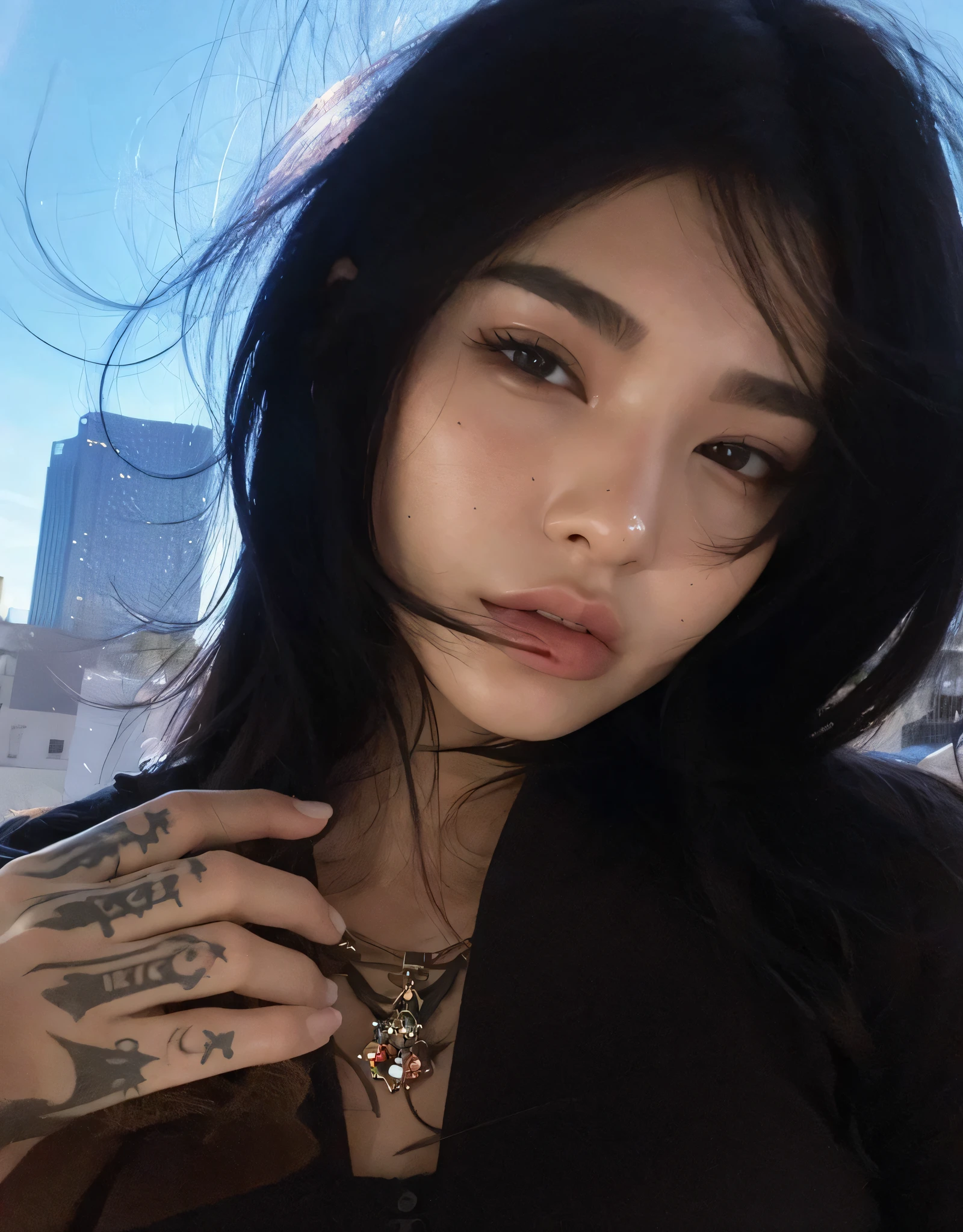 Un primer plano de una mujer con un tatuaje en el brazo, ulzzang, cruel korean goth girl, Xision Wu, Jinyoung Shin, con cabello largo y ojos penetrantes, Ella tiene el pelo negro con flequillo, south east asian with round face, Lulu Chen, Parece una mezcla de grimes, Xintong Chen, Retrato de Jossi de Blackpink