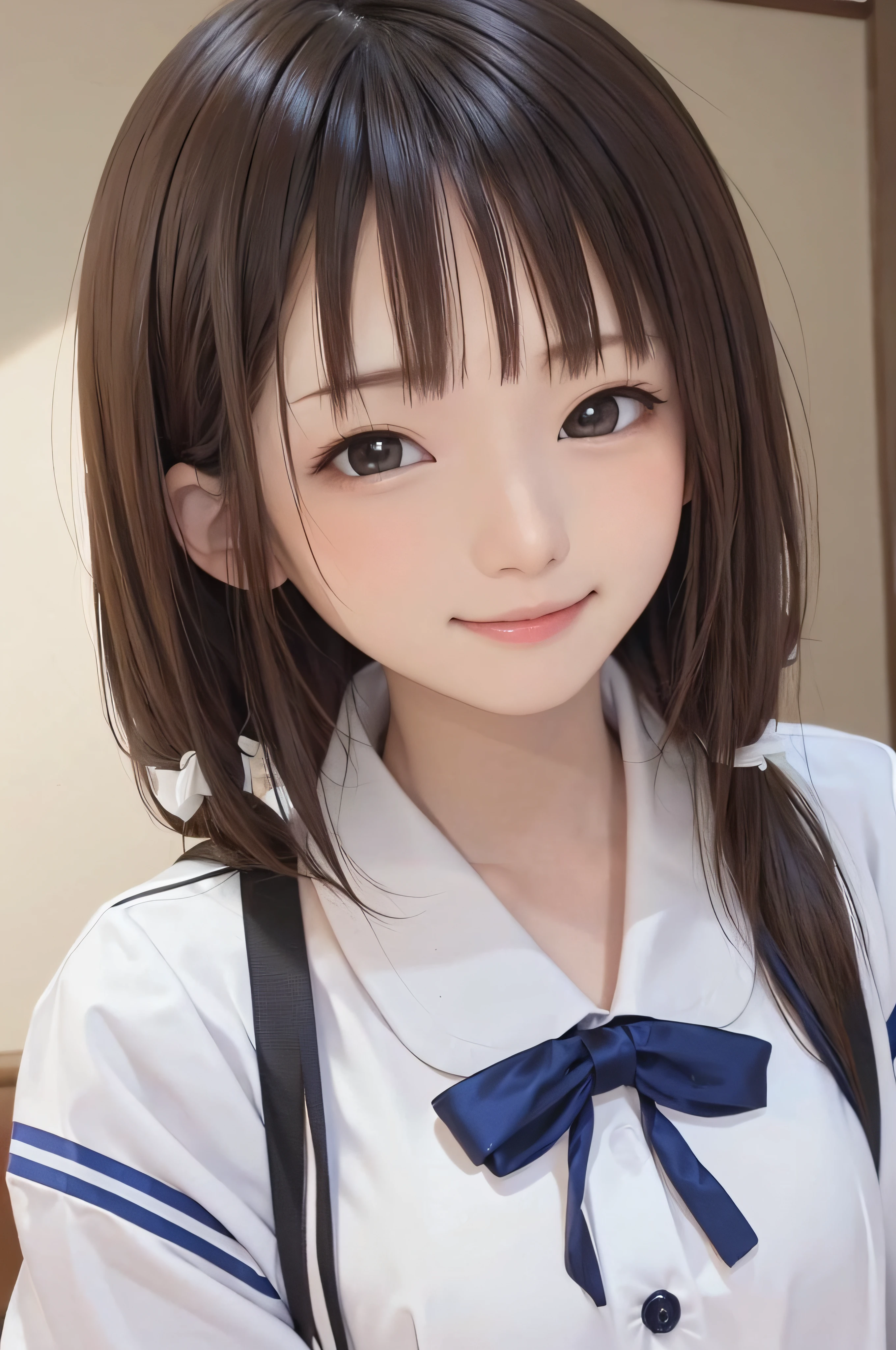 (Background white、White background、The background is all white)、、brown haired、beautidful eyes、real looking skin、hi-school girl、a sailor suit、small tits、(8K、masterpiece)、(reallistic、Photorealsitic)、top-quality、ighly detailed、The ultra-detailliert、Beautie、cute little、japanes、Idol、a smile、ssmile、Close-up portrait、Healthy face
