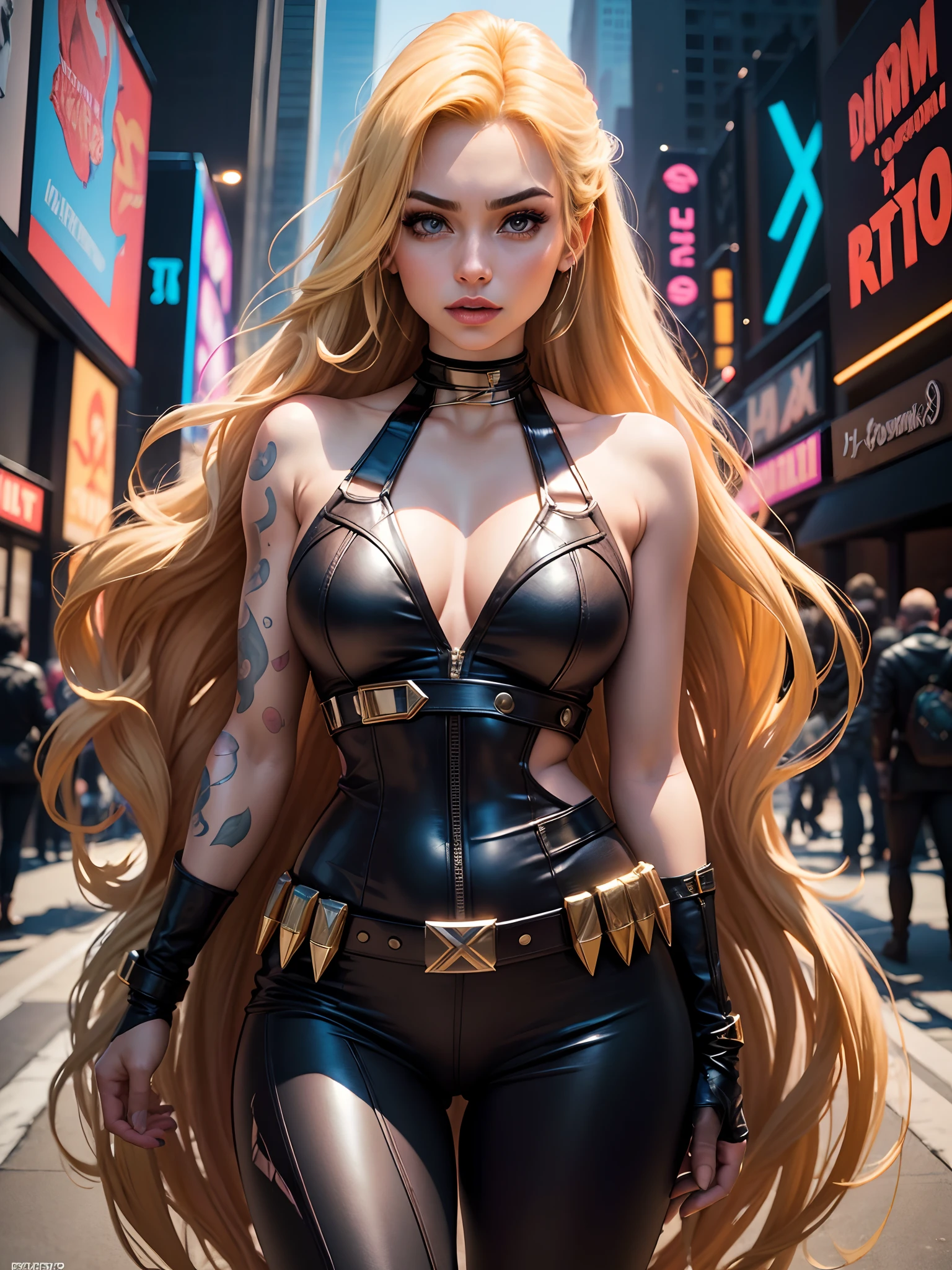 In New York, time squarea, Gorgeous woman, 25 years old, Estilo Cristal (Dazzler in English) is a fictional character from Marvel Comics, associated with the X-Men group, wearing a black tight-fitting X-Men style jumpsuit, belt with x x-men, long blonde hair, Originally, it was created as a franchise, with the aim of representing a disco singer (the same style being in decline at the time) in a comic book, but she soon became a fixed character in the group of mutant heroes. In New York, (x-men belt: 1.3), (athletic body: 1.4), (hanging breasts: 1.2), (full breasts: 1.4), (realism: 1.5), (Realisitc: 1.4), (Absurdity: 1.4), 8k, ultra-detailed, Detailed Beautiful Woman, (Only one: 1.5), 1girl, (Viewer facing: 1.2),