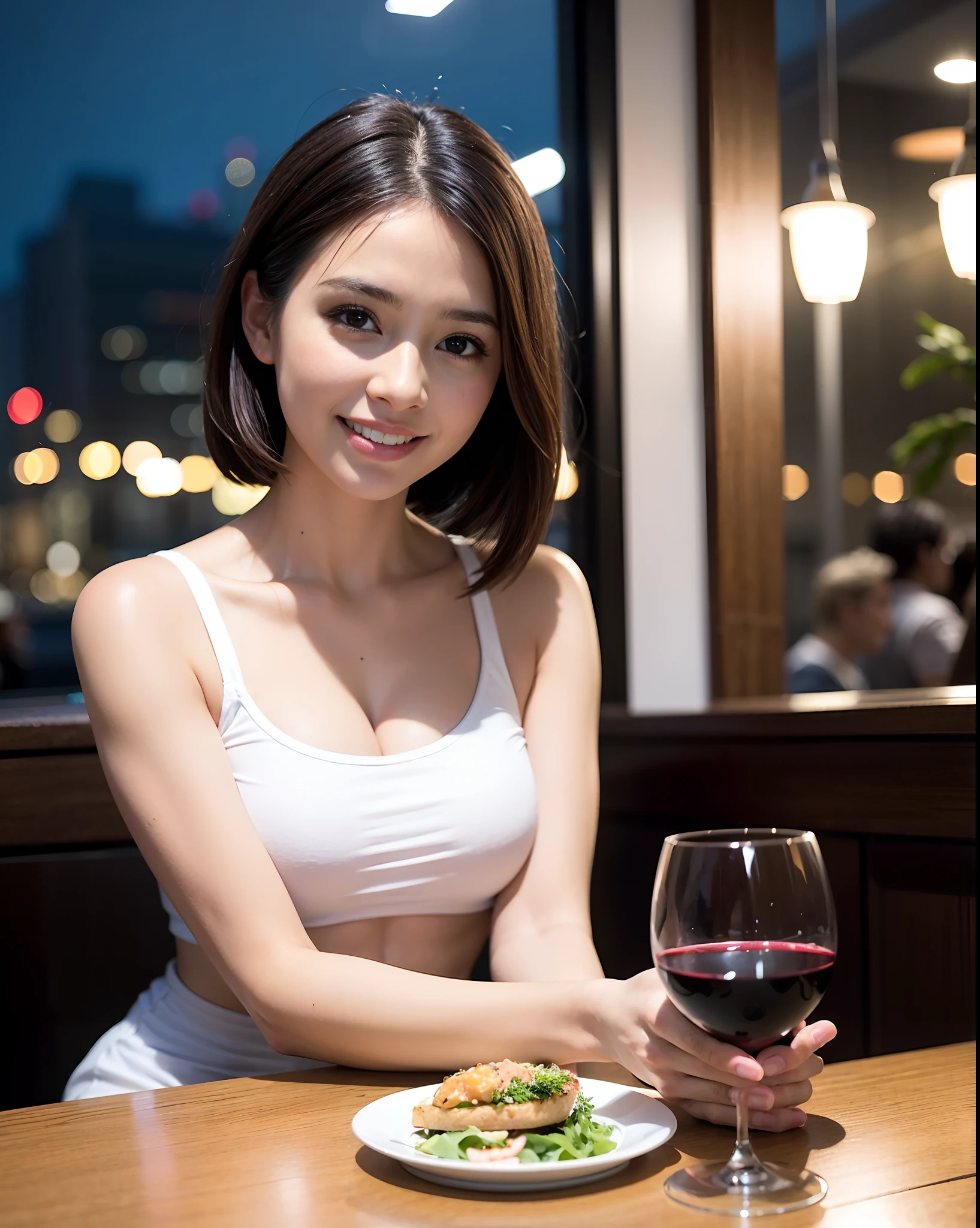 (64K, UHD, top quality, masterpiece: 1.2), (realistic, photorealistic: 1.37), super detailed, pretty woman 1 person, (slim face), (slim body), (brown hair), (short cut), cheeks slightly blushing, (44 years old), 38 years old, solo, beautiful detailed urban night view outside the window, restaurant, wine glasses sit, at night, in a prominent placeNovaFrogStyle, Actress, Model, Waist Up, White Wine, Slim, Wine Glass, Super Clean Night View, Wine Glass Put in the Middle, Happy Smile, (Smile: 1.15), Beautiful Fine Eyes, Upper Body, Bust Japan Up, Night, Short, Short, Actress, Model, Waist Up, White Wine, Slim, Wine Glass, Super Clean Night View, Wine Glass Put in the Middle, Happy Smile,