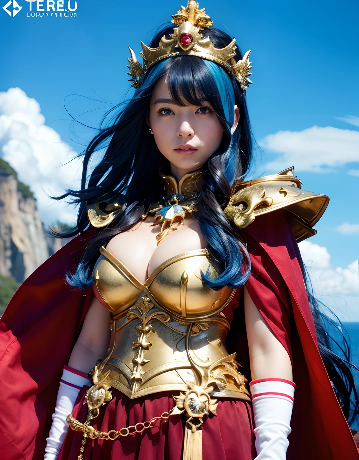 Professional , ​masterpiece、top-quality、photos realistic , 、top-quality、超A high resolution、(Photorealsitic:1.4)、Raw photo、depth of fields （Gemstone Gold Metal Body:1.9),(Matte White、Toostock、cleavage of the breast、（cleavage of the breast）、（Detailed Dragon Armor）、（Have the strongest weapon）、（(Random Hairstyles 1.6),Dark Fantasy,）explosions、intense fighting、（Precipitous cliffs),Dragon Gold Weapon,Mystical expression、Particles of light、Fight dragons、（Detailed Dragon Helmet),Gorgeous Silver Weapons ,（（ Dragon's dense and gorgeous sword）） , Beautiful knife   ,warhammer 40k ,Detail and gorgeous crown、（（Blue hair））、（Castle background）、、（（Gangle's forest background））、Beautiful Caucasian beauty、１a person、dynamic ungle,((()))、Smaller head、A smile、Castle background、Thin and beautiful female hands、cleavage of the breast、Soldier in iron armor on background、Mystical expression、Light Effects、intense fighting、Wind-effect、magic circles、With the legendary magic wand、（demonic wings）、Toostock、