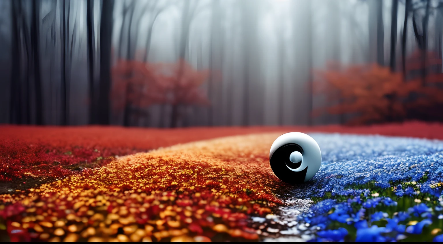 (yin and yang, four seasons), Spring wildflowers, summer flower, fall autumn colors, icy frost winter tree, beautiful colors, depth of field, volumetric lighting, concept art, elegant, atmospheric