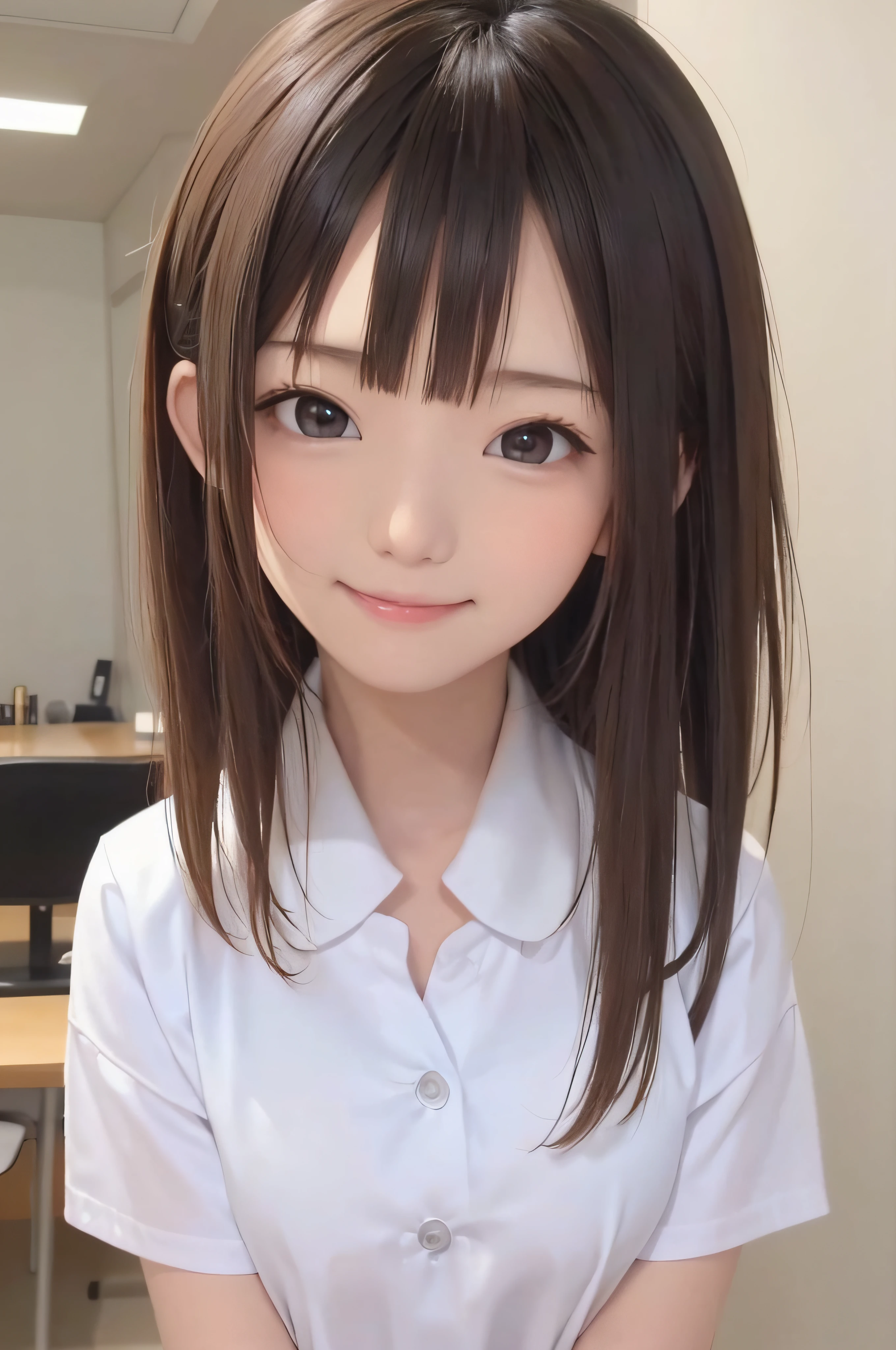 15yo student、brown haired、beautidful eyes、real looking skin、hi-school girl、small tits、(8K、masterpiece)、(reallistic、Photorealsitic)、top-quality、ighly detailed、The ultra-detailliert、Beautie、cute little、japanes、a smile、Close-up portrait、Healthy face、School uniform、plaid skirts