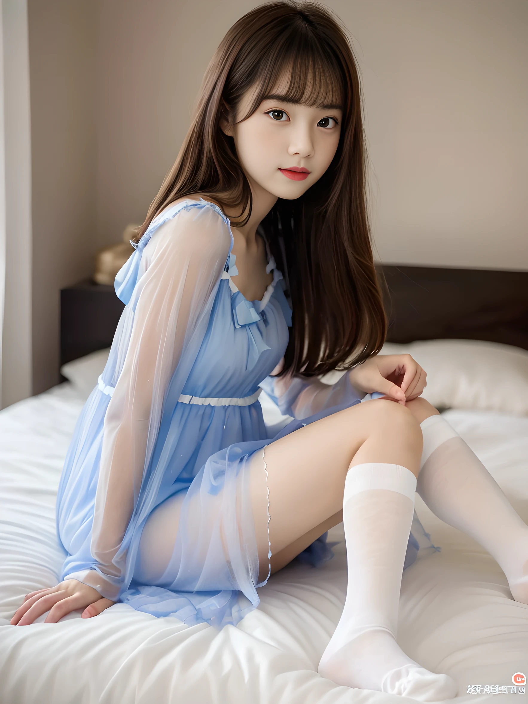 (1girl:1.1), cute, 8 years old, (****:1.4), flat chest, 8k, RAW photo, (photo realistic:1.37), ultra high res, best quality, small round face, big eyes, extremely detailed face and eyes, slender, (thin thighs:1.2), slim legs, depth of field, professional lighting, shiny skin, face lights, natural shading, blushing, dynamic pose, BREAK (wearing transparent sheer babydoll dress:1.4), (wearing thigh-high socks:1.3), sitting on bed, Thin makeup, (shot from side:1.2), BREAK (shoulder length hair with bangs:1.2), (sweet girl's bedroom:1.2), full body, night, fair skin,