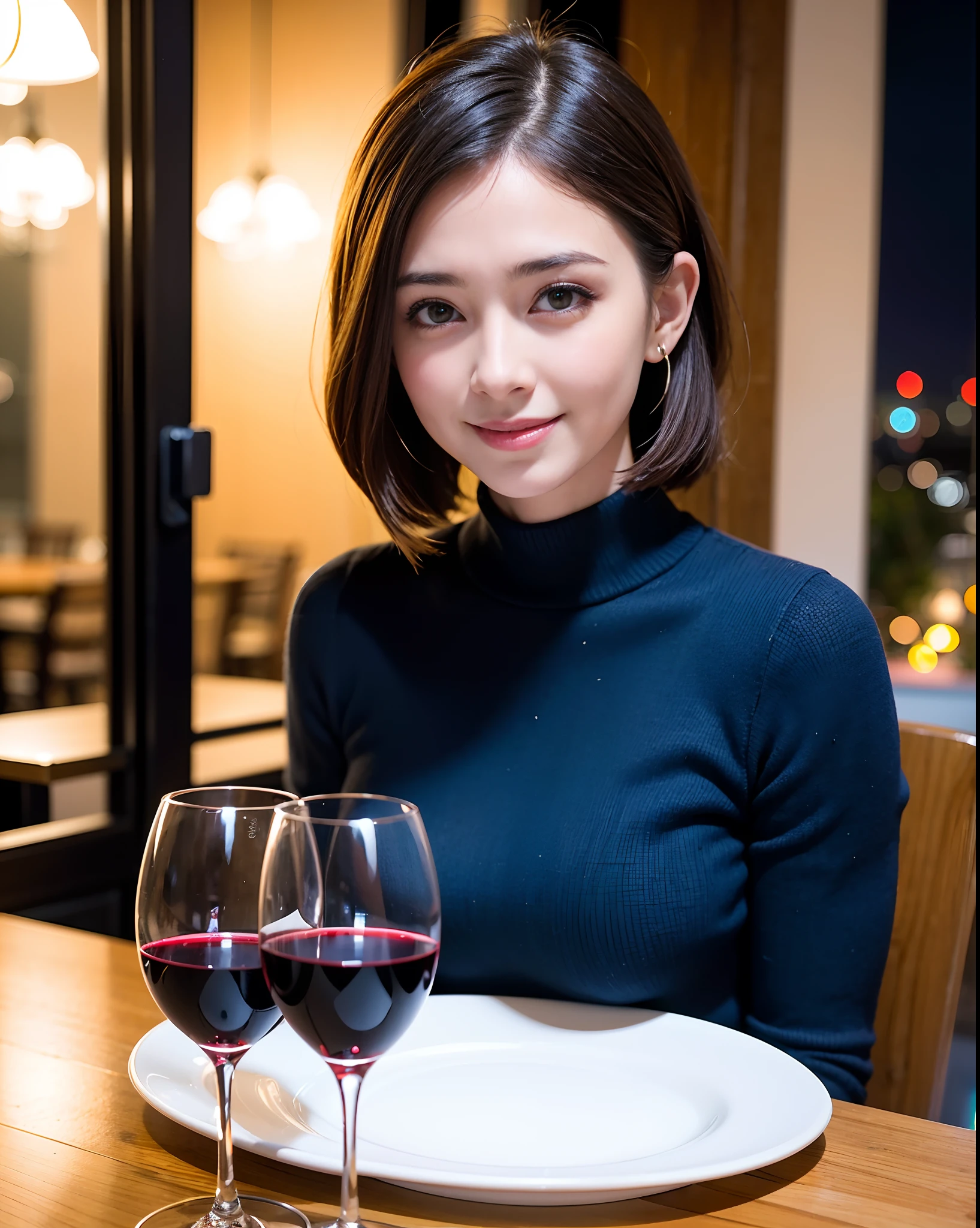 (64K, UHD, top quality, masterpiece: 1.2), (realistic, photorealistic: 1.37), super detailed, pretty woman 1 person, (slim face), (slim body), (brown hair), (short cut), cheeks slightly blushing, (44 years old), 38 years old, solo, beautiful detailed urban night view outside the window, restaurant, wine glasses sit, at night, in a prominent placeNovaFrogStyle, Actress, Model, Waist Up, White Wine, Slim, Wine Glass, Super Clean Night View, Wine Glass Put in the Middle, Happy Smile, (Smile: 1.15), Beautiful Fine Eyes, Upper Body, Bust Japan Up, Night, Short, Short, Actress, Model, Waist Up, White Wine, Slim, Wine Glass, Super Clean Night View, Wine Glass Put in the Middle, Happy Smile,