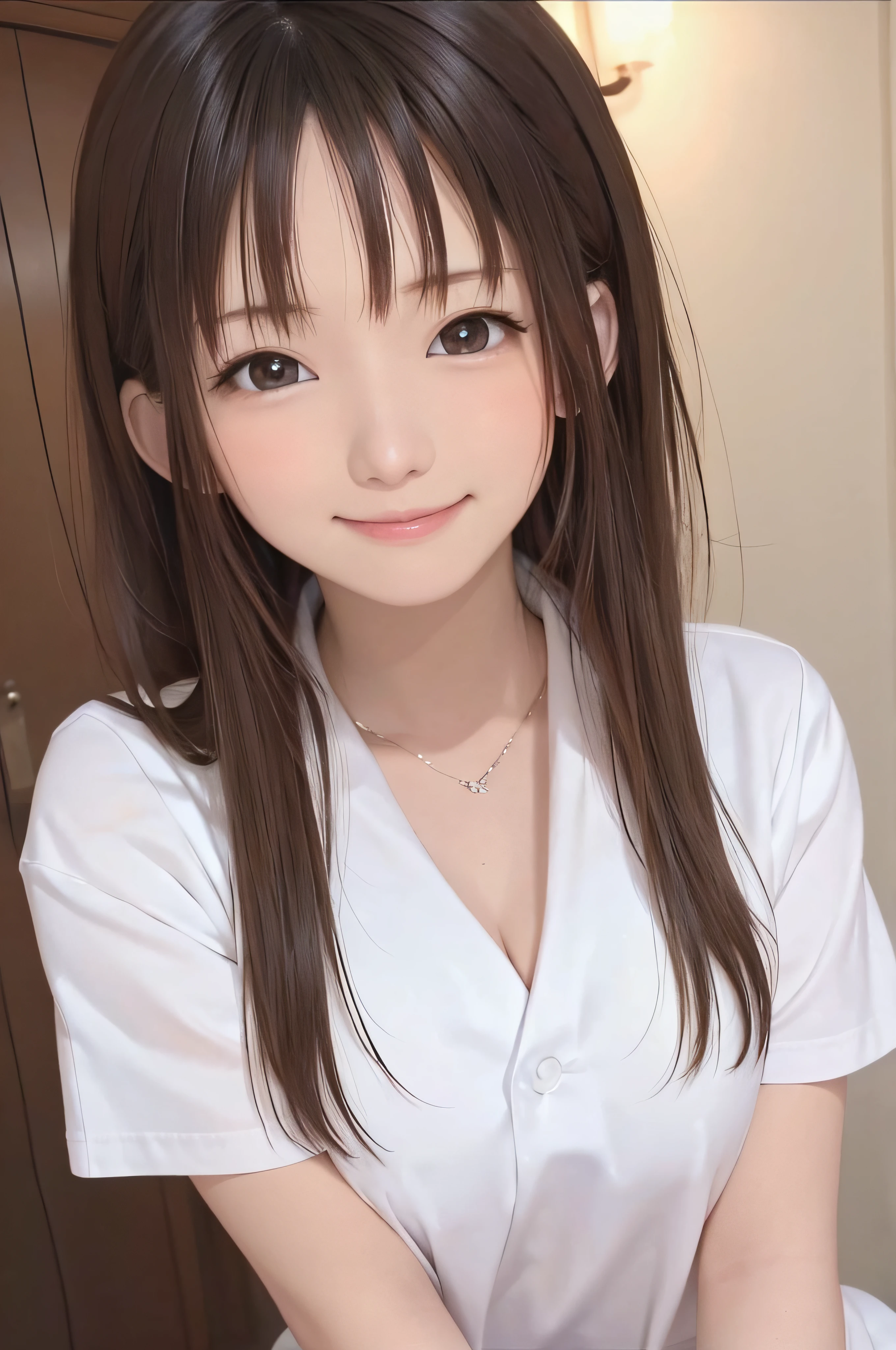 (Background white、White background、The background is all white)、17 age、brown haired、beautidful eyes、real looking skin、hi-school girl、a sailor suit、small tits、(8K、masterpiece)、(reallistic、Photorealsitic)、top-quality、ighly detailed、The ultra-detailliert、Beautie、cute little、japanes、Idol、a smile、ssmile、Close-up portrait、Healthy face
