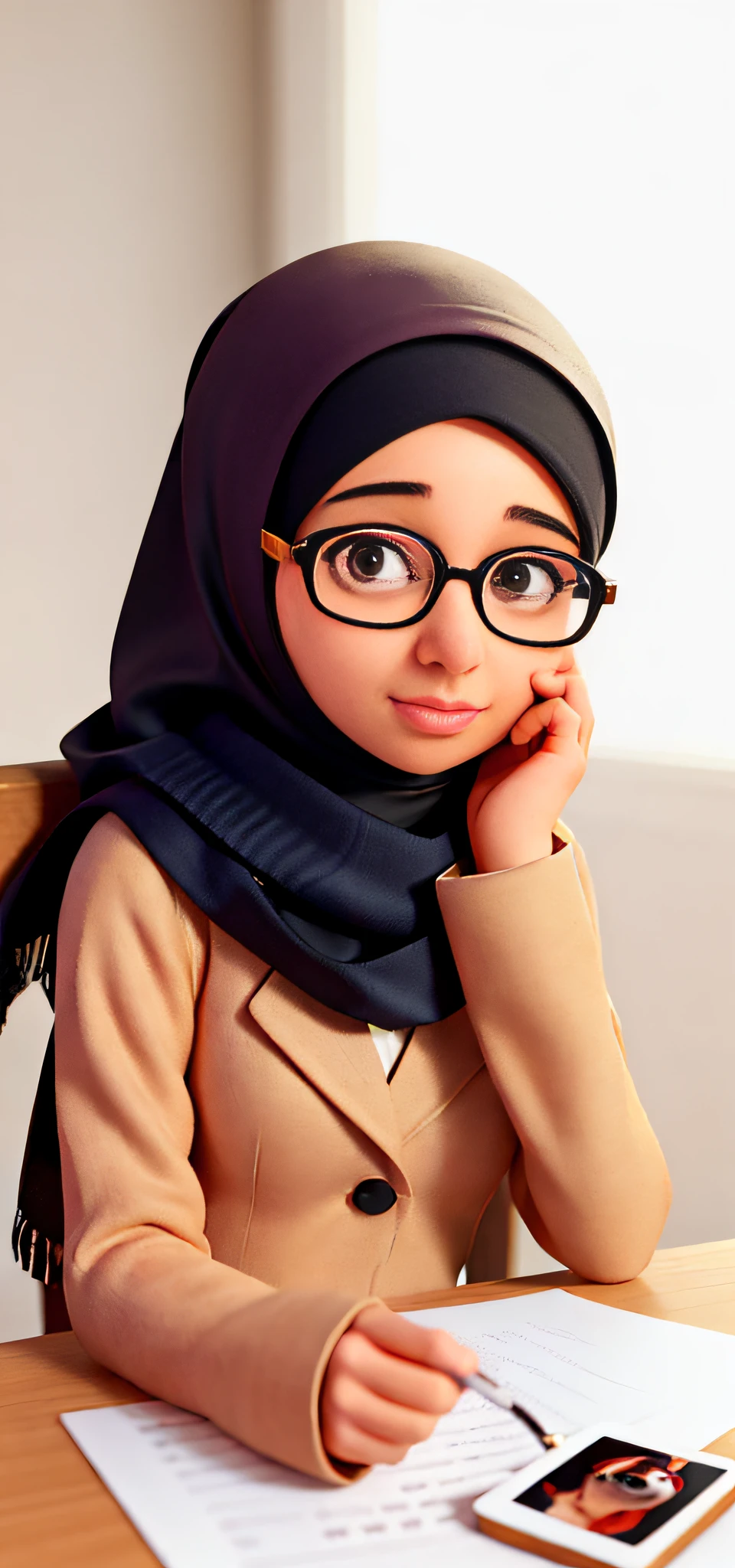 young woman wearing glasses and a scarf sitting at a table, a picture inspired by Shaddy Safadi, instagram, hijab, with glasses, student, with accurate face, with square glasses, protrait, picture, close up potrait, solo